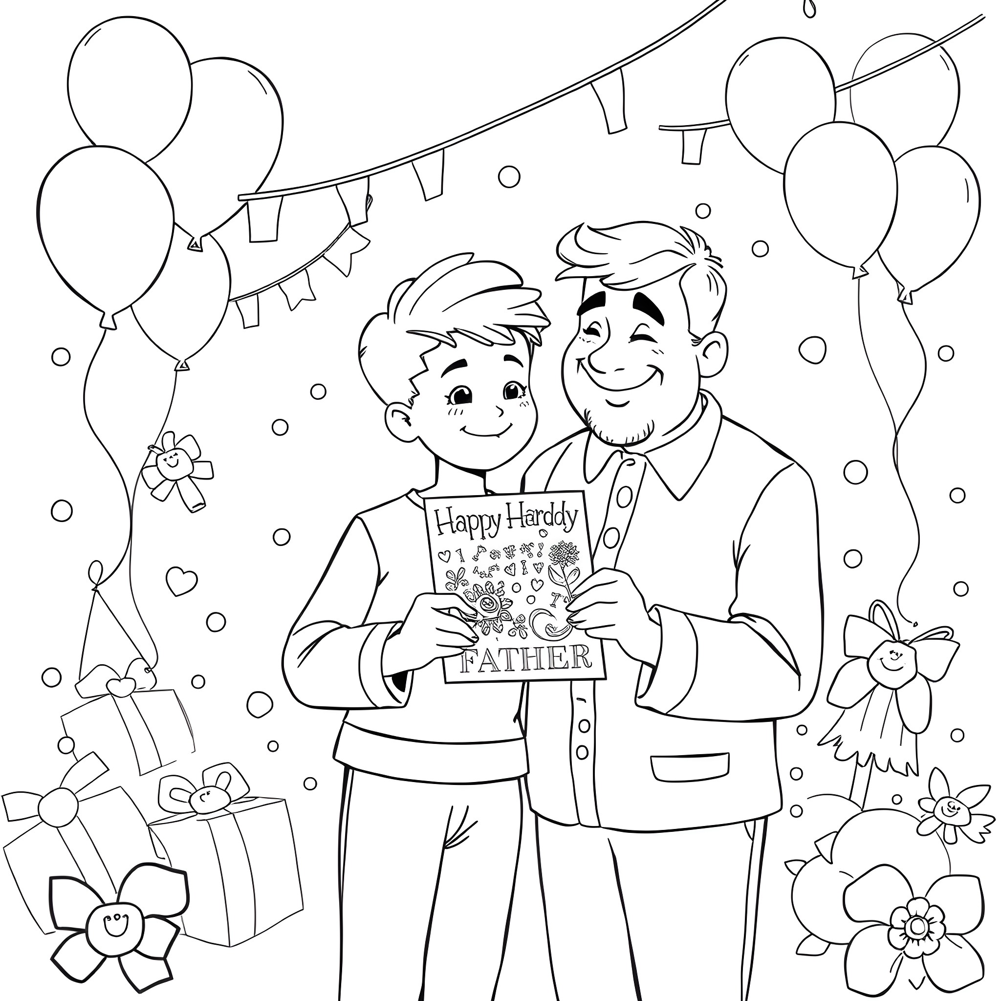 Father and son celebrating Happy Fathers Day Coloring Page (free black-and-white line drawing printable PDF for all, from beginners to advanced learners, including children, teens, adults, and seniors)