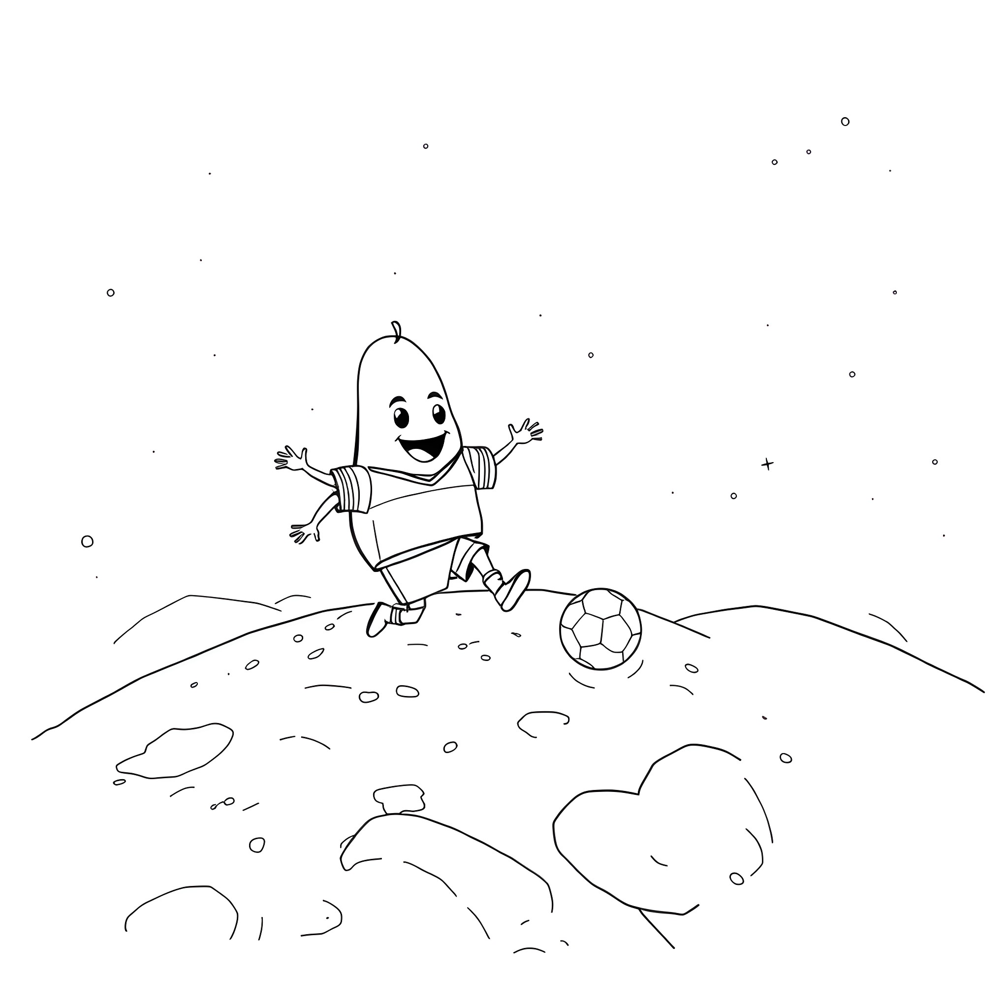 Avocado character playing with soccer ball in the field Coloring Page (free black-and-white line drawing printable PDF for all, from beginners to advanced learners, including children, teens, adults, and seniors)