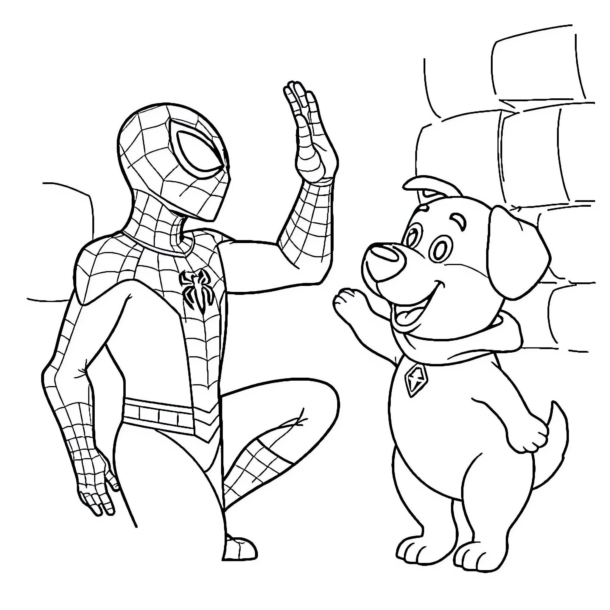 Spiderman playfully interacts with a friendly dog Coloring Page (free black-and-white line drawing printable PDF for all, from beginners to advanced learners, including children, teens, adults, and seniors)