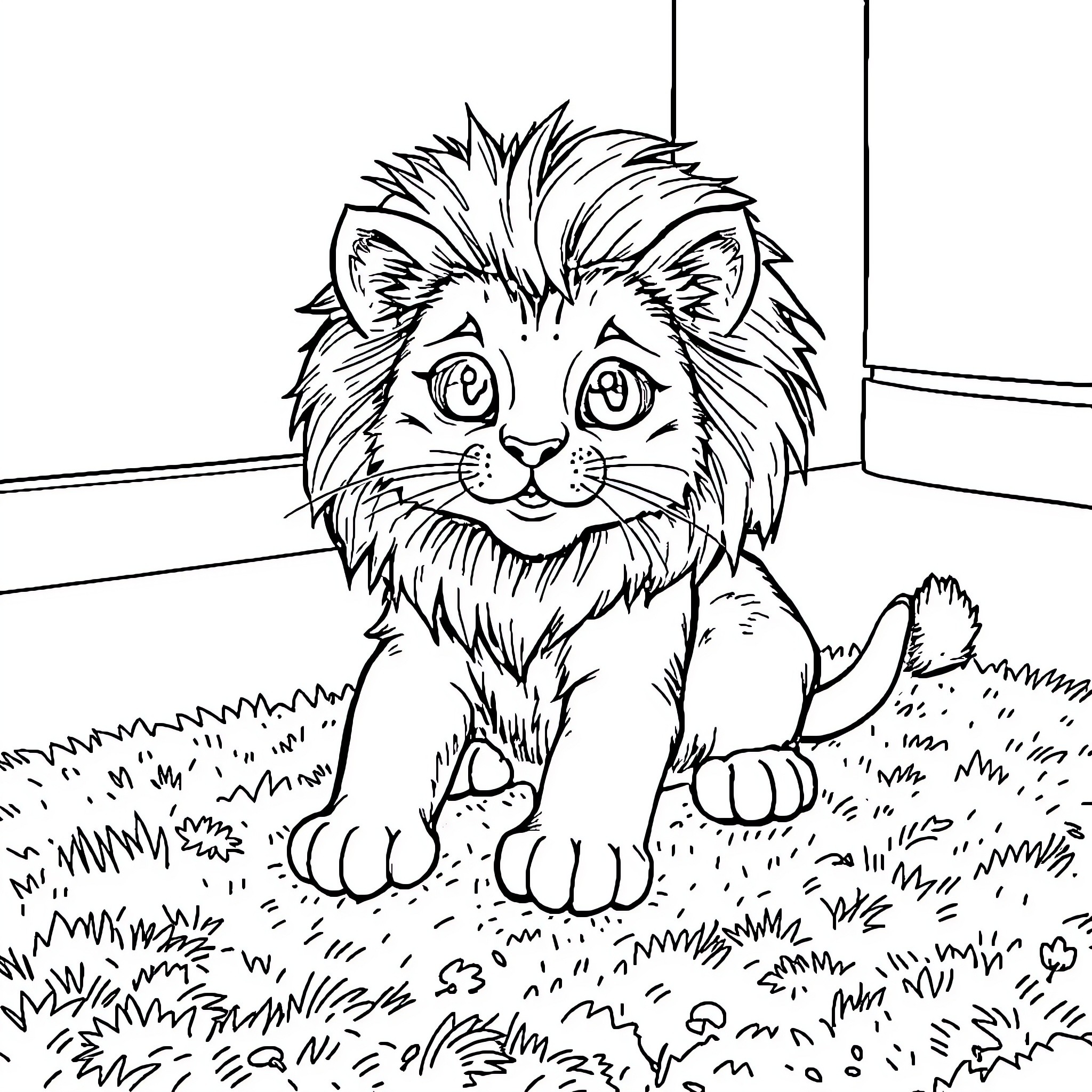 Cat with expressive face in grassy setting Coloring Page (free black-and-white line drawing printable PDF for all, from beginners to advanced learners, including children, teens, adults, and seniors)