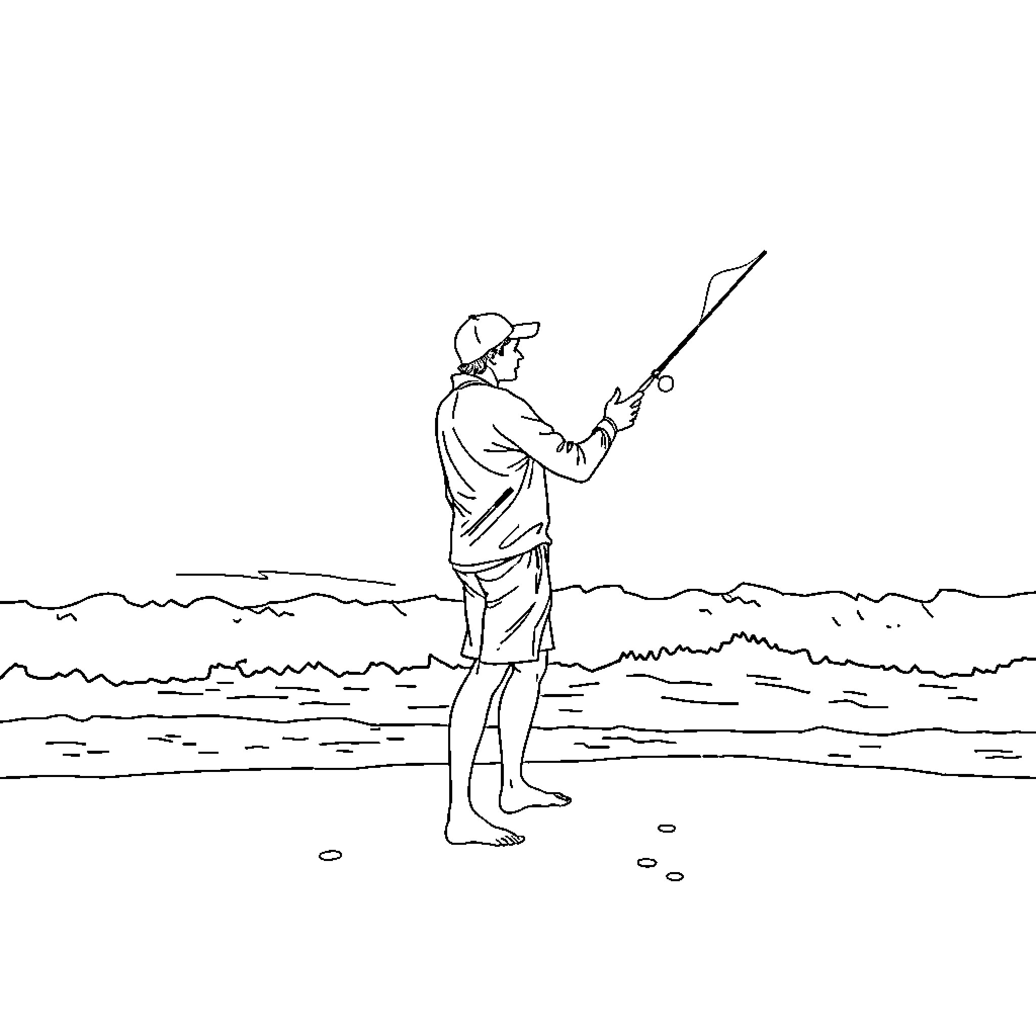 Surfcaster casting line along the shoreline Coloring Page (free black-and-white line drawing printable PDF for all, from beginners to advanced learners, including children, teens, adults, and seniors)