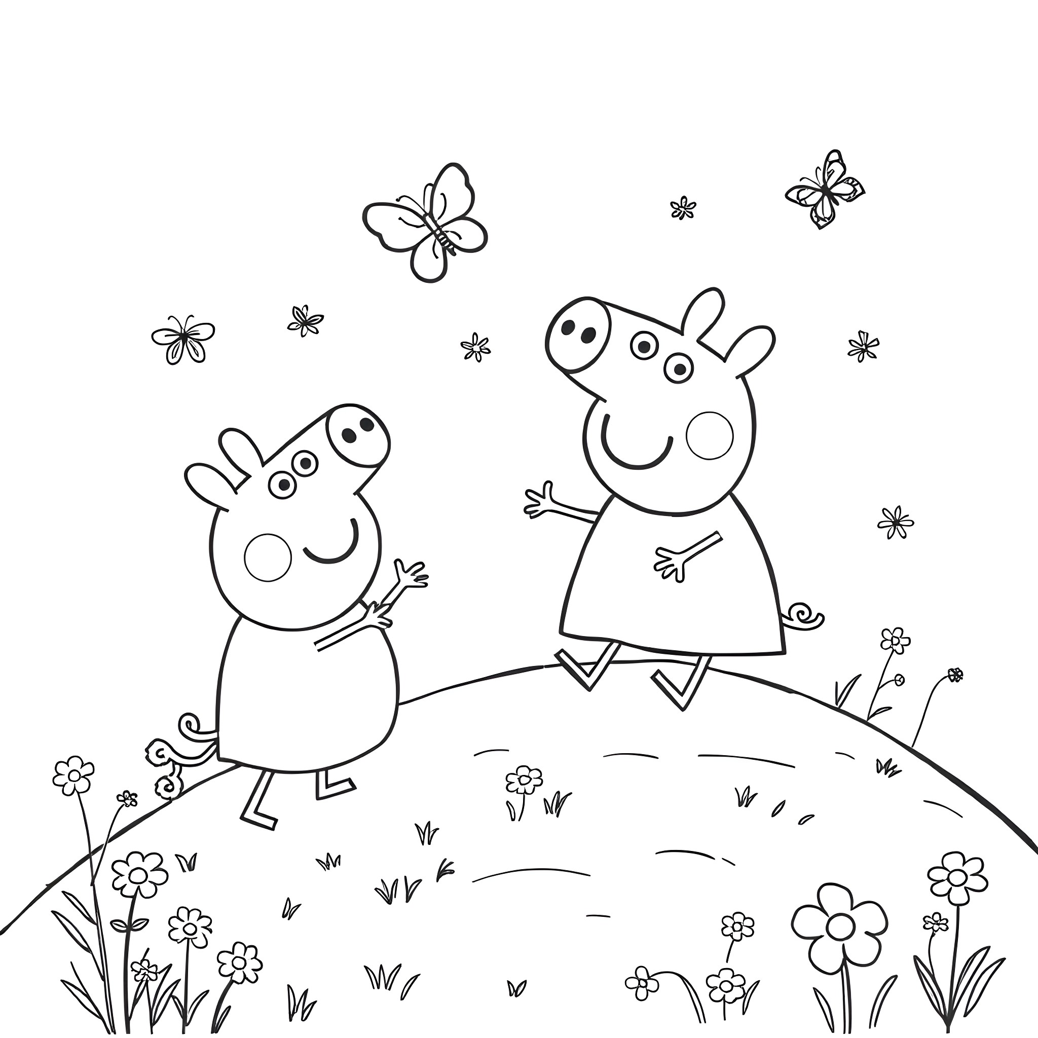 Peppa Pig and Friends Exploring the Outdoors Coloring Page (free black-and-white line drawing printable PDF for all, from beginners to advanced learners, including children, teens, adults, and seniors)