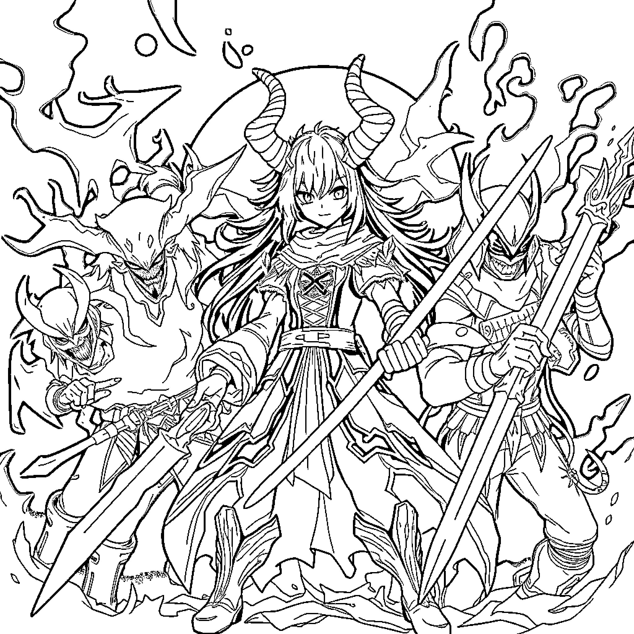 Kuromi in fierce battle with powerful demonic forces Coloring Page (free black-and-white line drawing printable PDF for all, from beginners to advanced learners, including children, teens, adults, and seniors)