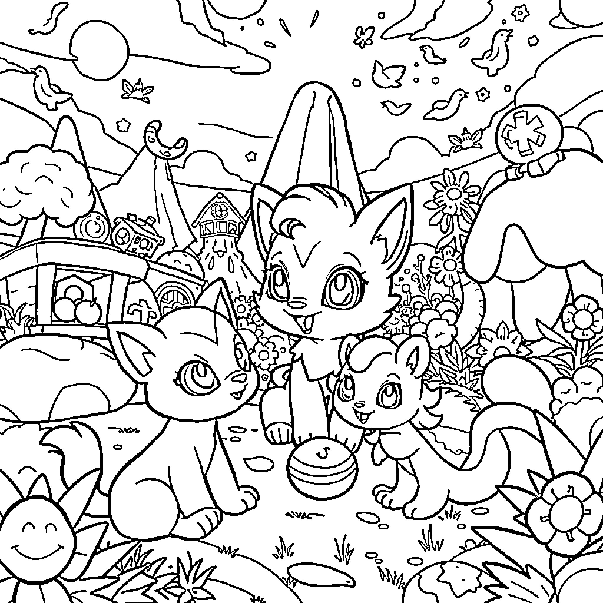Neopets enjoying the whimsical outdoor scene Coloring Page (free black-and-white line drawing printable PDF for all, from beginners to advanced learners, including children, teens, adults, and seniors)