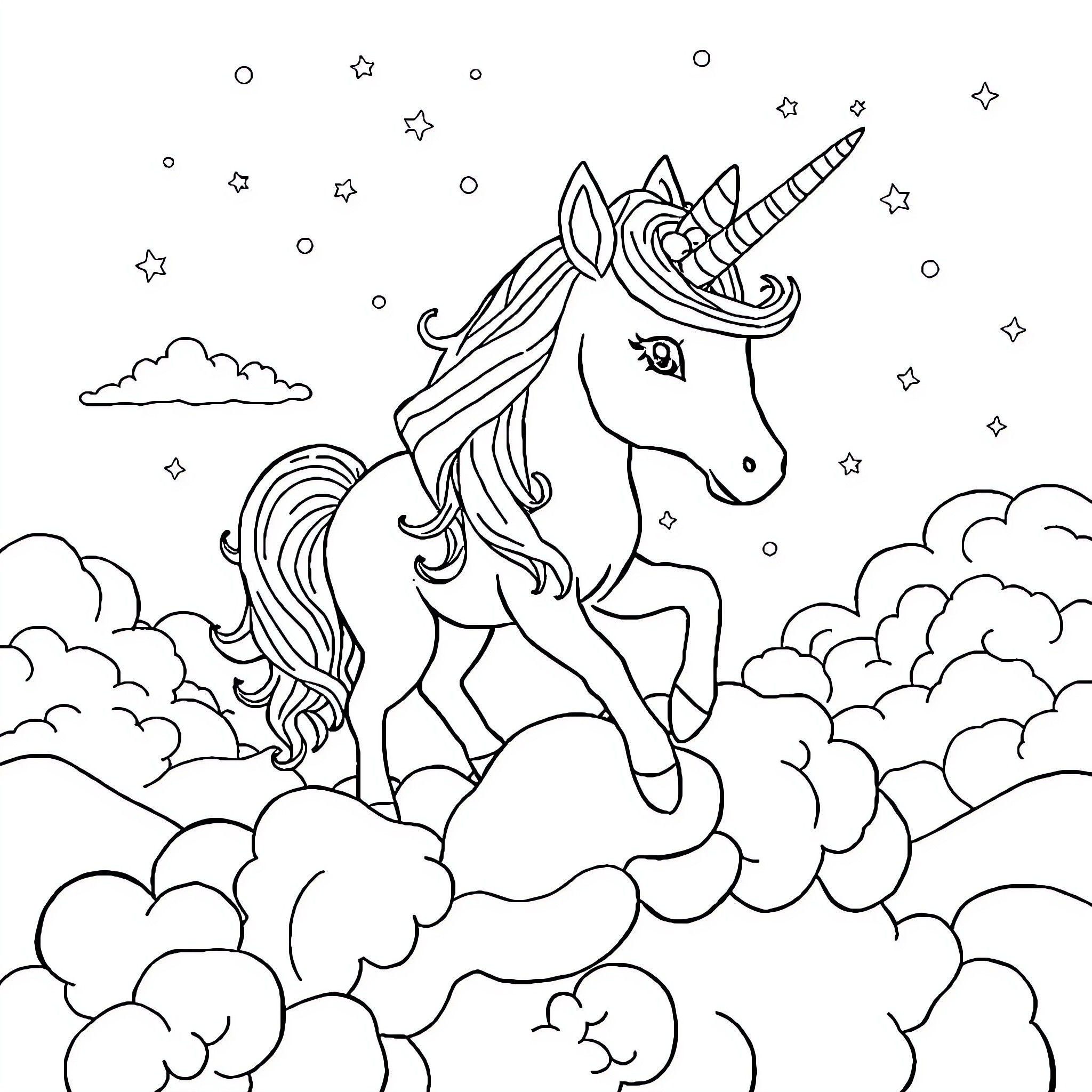 Unicorn soaring through the magical sky Coloring Page (free black-and-white line drawing printable PDF for all, from beginners to advanced learners, including children, teens, adults, and seniors)
