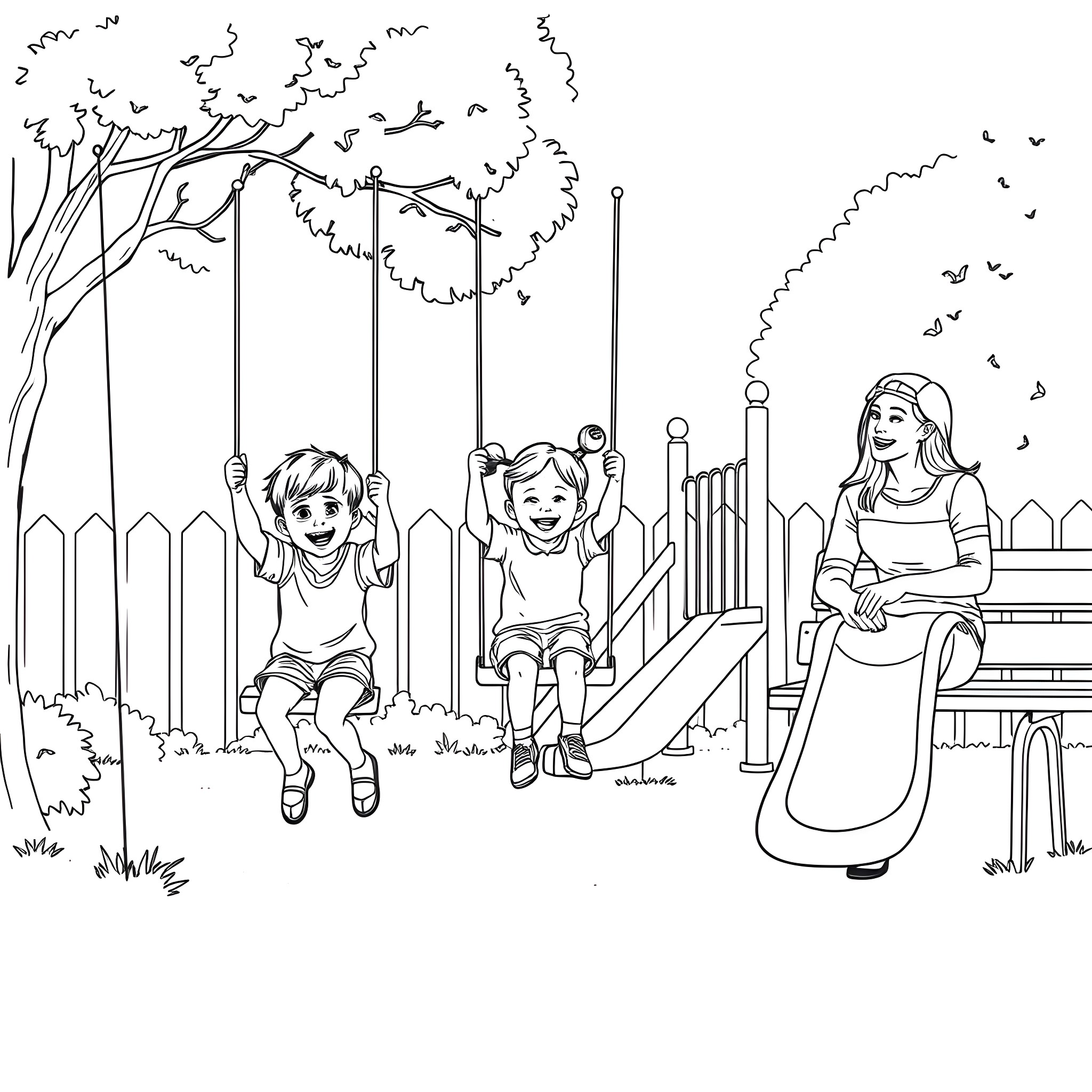 Child playing happily on swings in the park Coloring Page (free black-and-white line drawing printable PDF for all, from beginners to advanced learners, including children, teens, adults, and seniors)