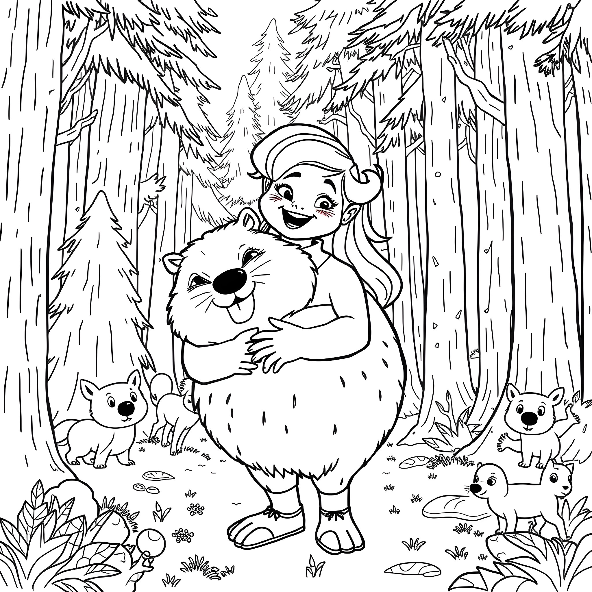 Beaver playing with forest animals in the wilderness Coloring Page (free black-and-white line drawing printable PDF for all, from beginners to advanced learners, including children, teens, adults, and seniors)