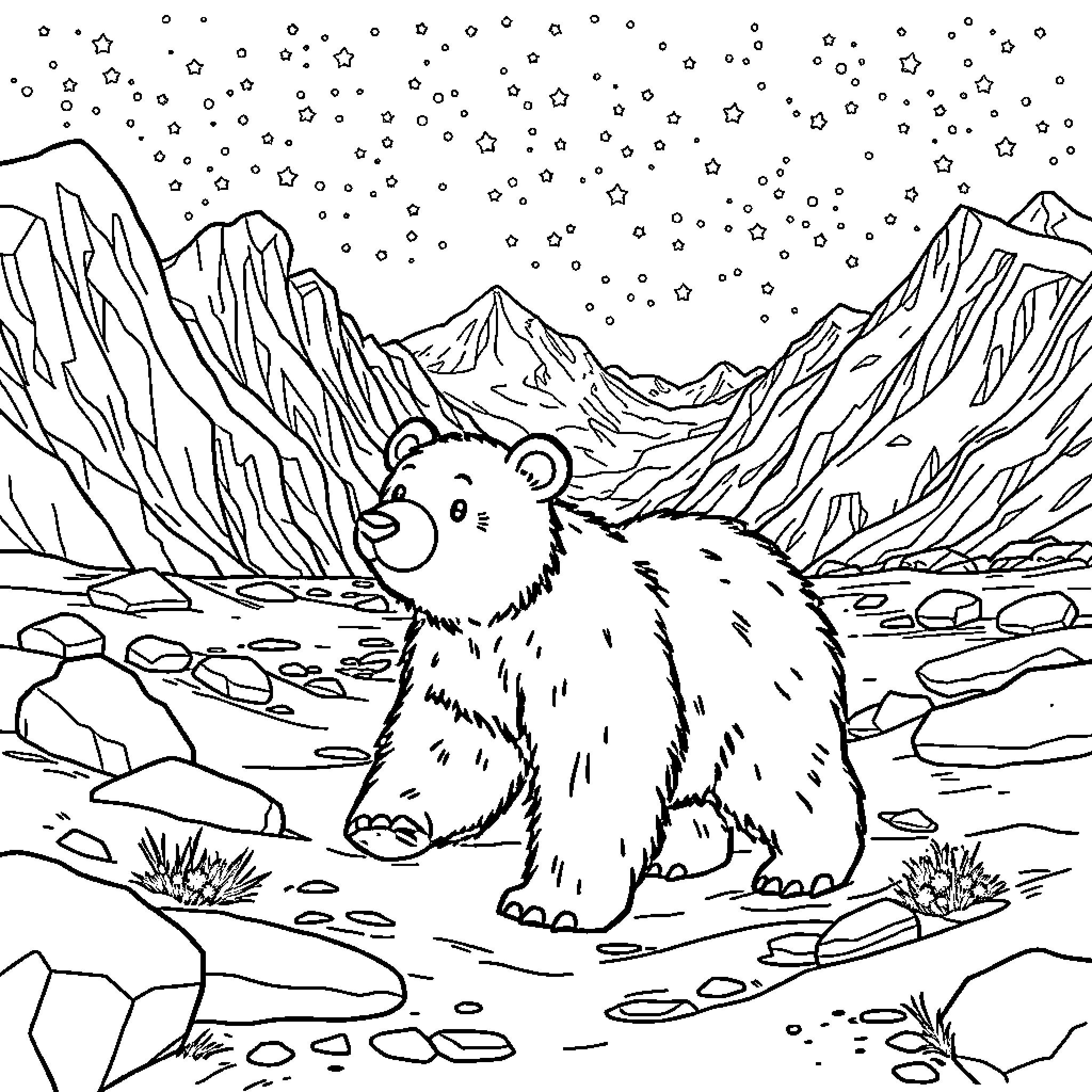 Bear exploring snowy mountain landscape Coloring Page (free black-and-white line drawing printable PDF for all, from beginners to advanced learners, including children, teens, adults, and seniors)
