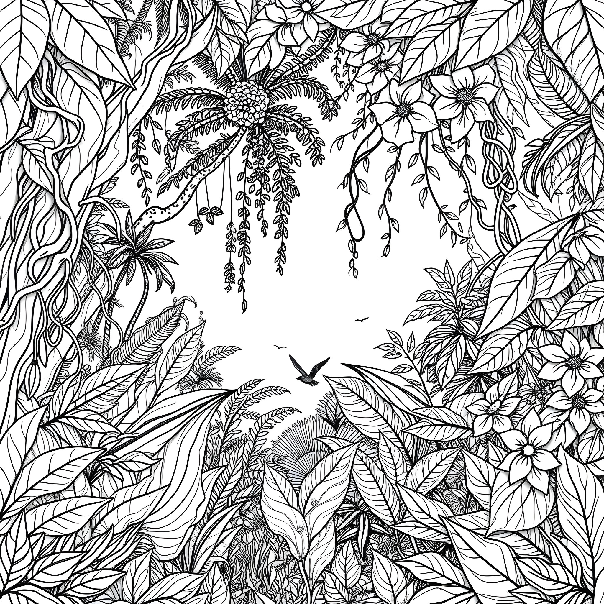 Jungle Flora and Fauna with Palm Trees Coloring Page (free black-and-white line drawing printable PDF for all, from beginners to advanced learners, including children, teens, adults, and seniors)