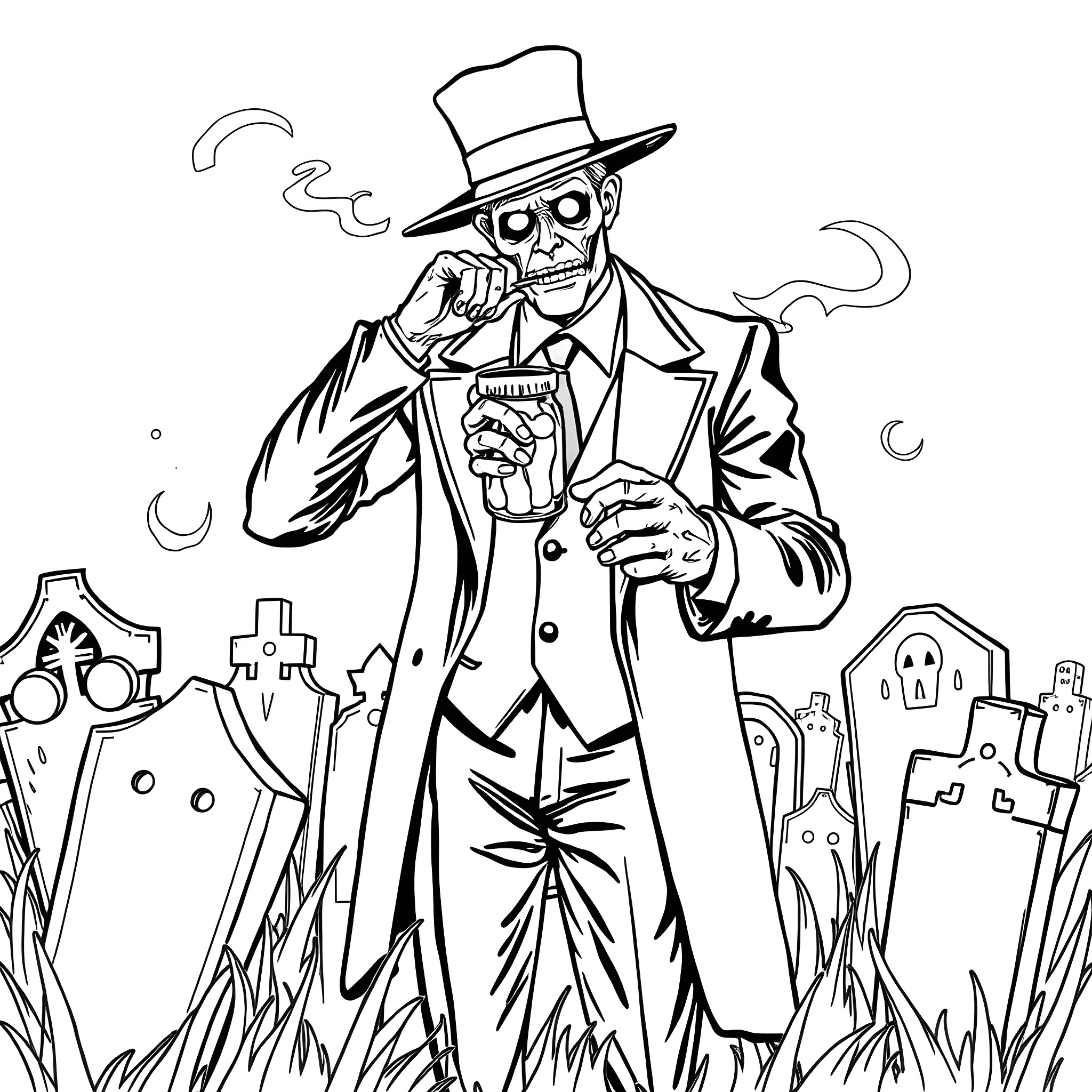 Undertaker in Graveyard Sipping Mysterious Drink Coloring Page (free black-and-white line drawing printable PDF for all, from beginners to advanced learners, including children, teens, adults, and seniors)