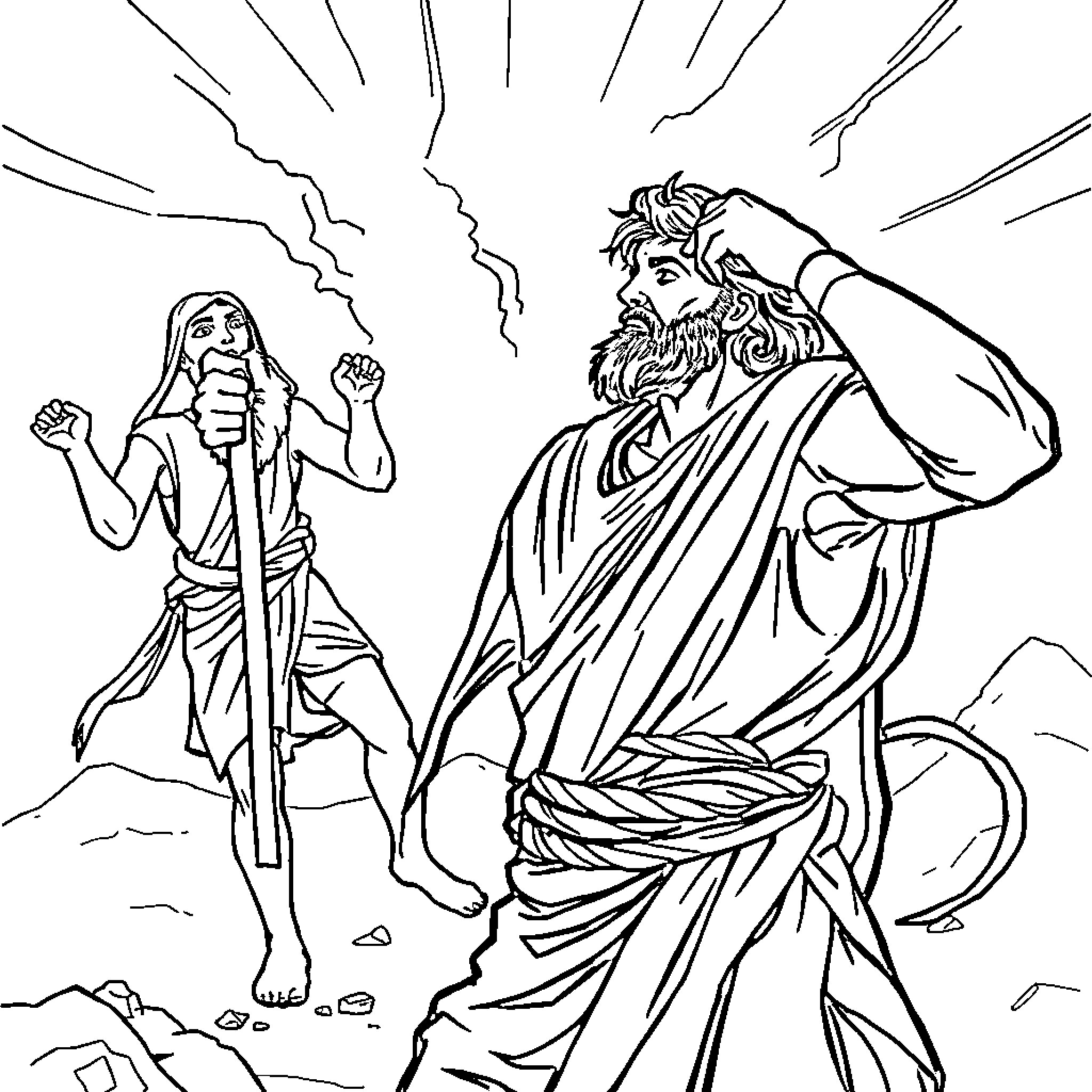 Nephi encountering the divine figure in the wilderness Coloring Page (free black-and-white line drawing printable PDF for all, from beginners to advanced learners, including children, teens, adults, and seniors)