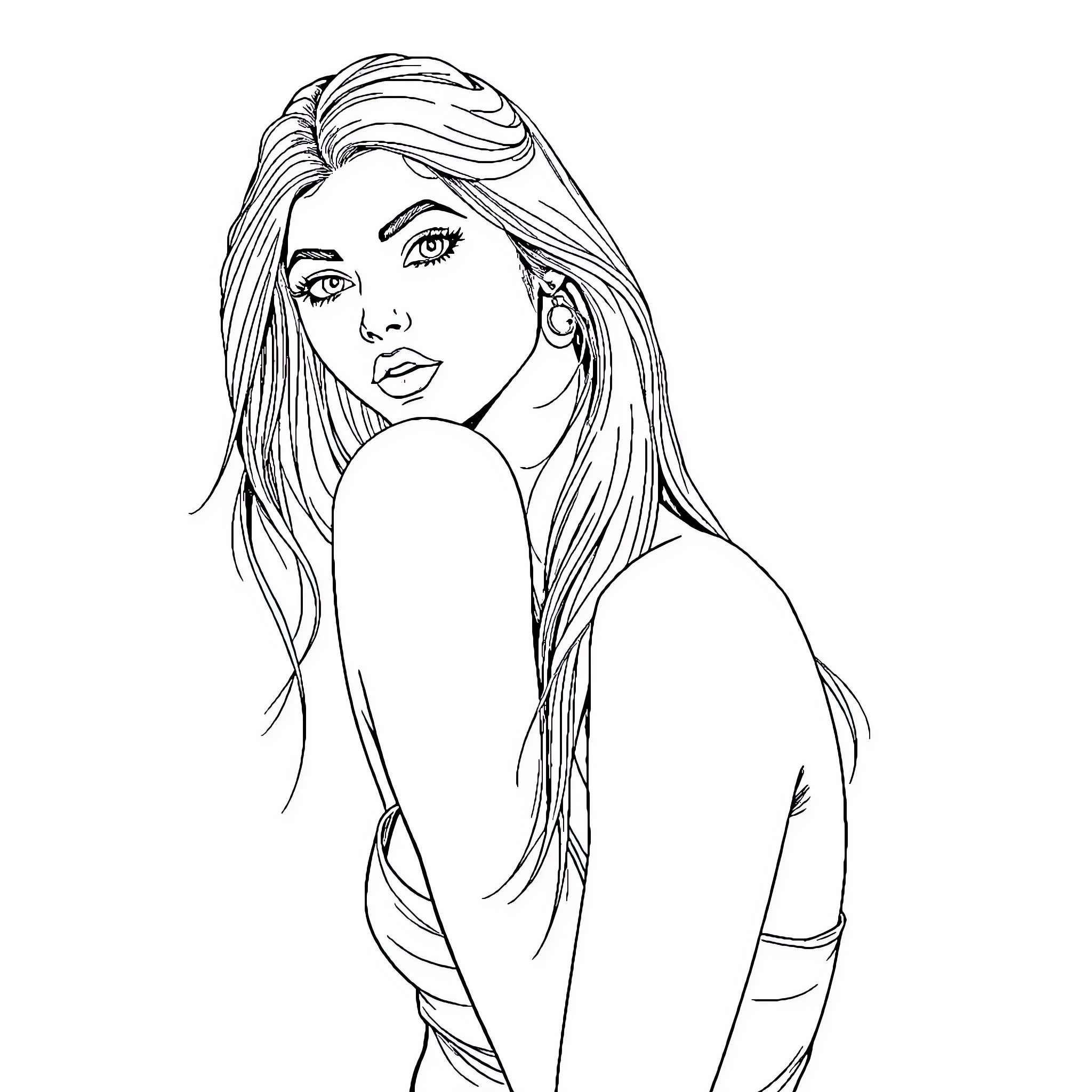 Woman with long flowing hair and contemplative expression Coloring Page (free black-and-white line drawing printable PDF for all, from beginners to advanced learners, including children, teens, adults, and seniors)