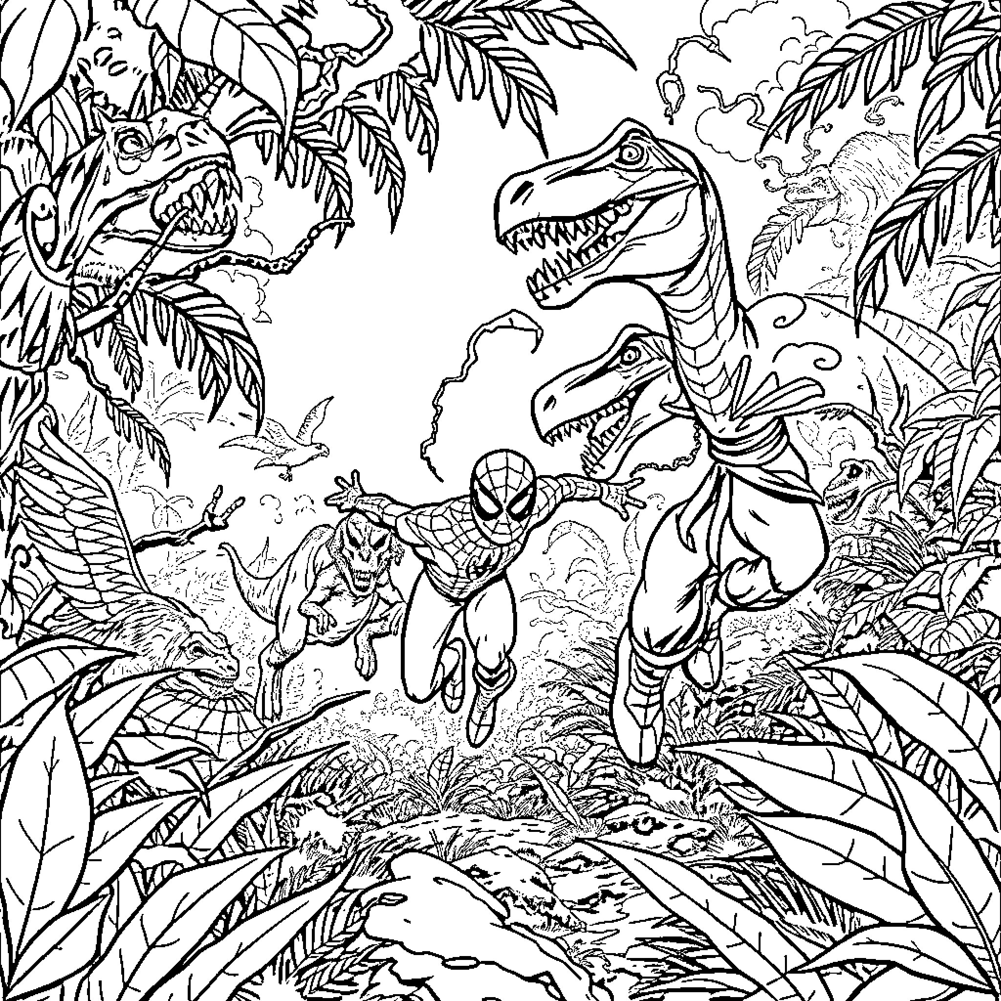 Spiderman facing off against dinosaurs in the jungle Coloring Page (free black-and-white line drawing printable PDF for all, from beginners to advanced learners, including children, teens, adults, and seniors)