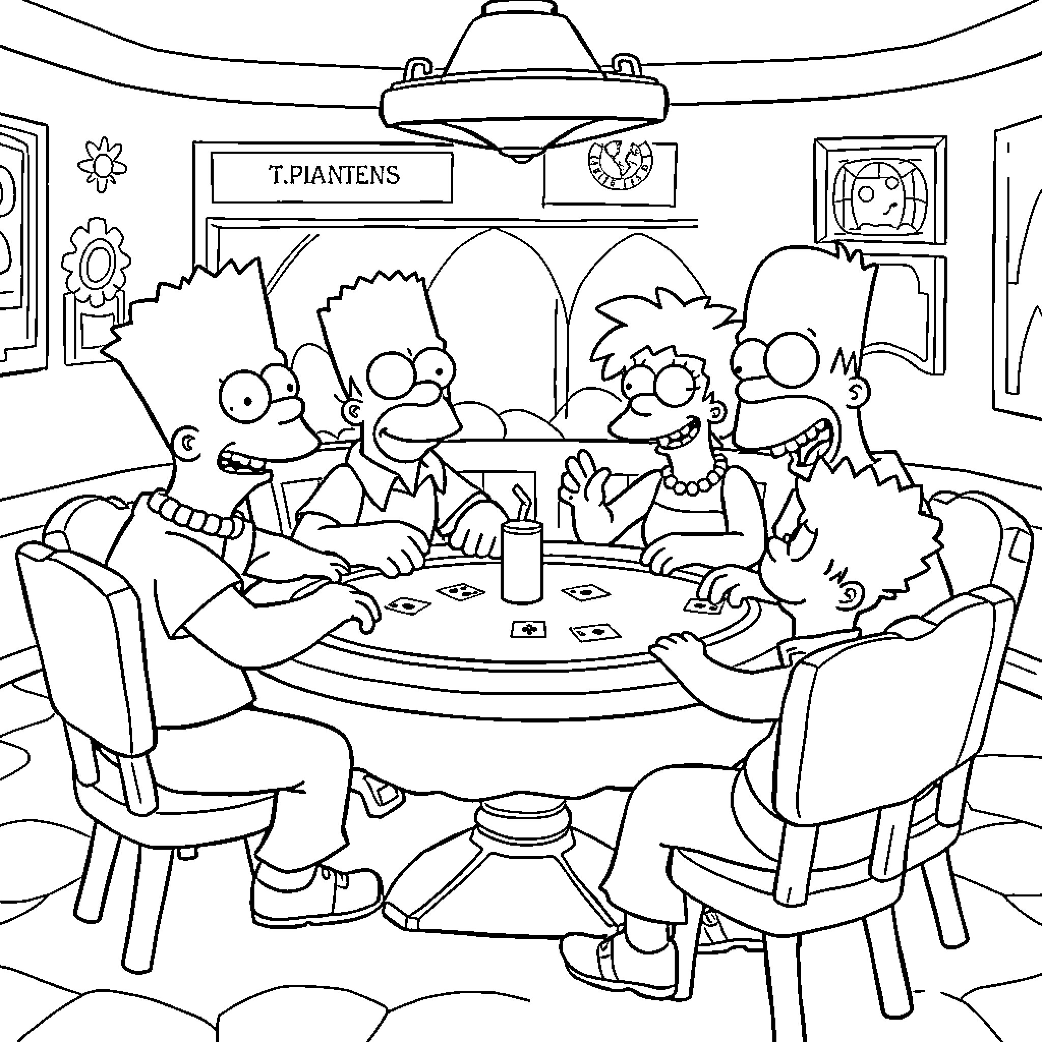 Simpson family gathered around a table Coloring Page (free black-and-white line drawing printable PDF for all, from beginners to advanced learners, including children, teens, adults, and seniors)