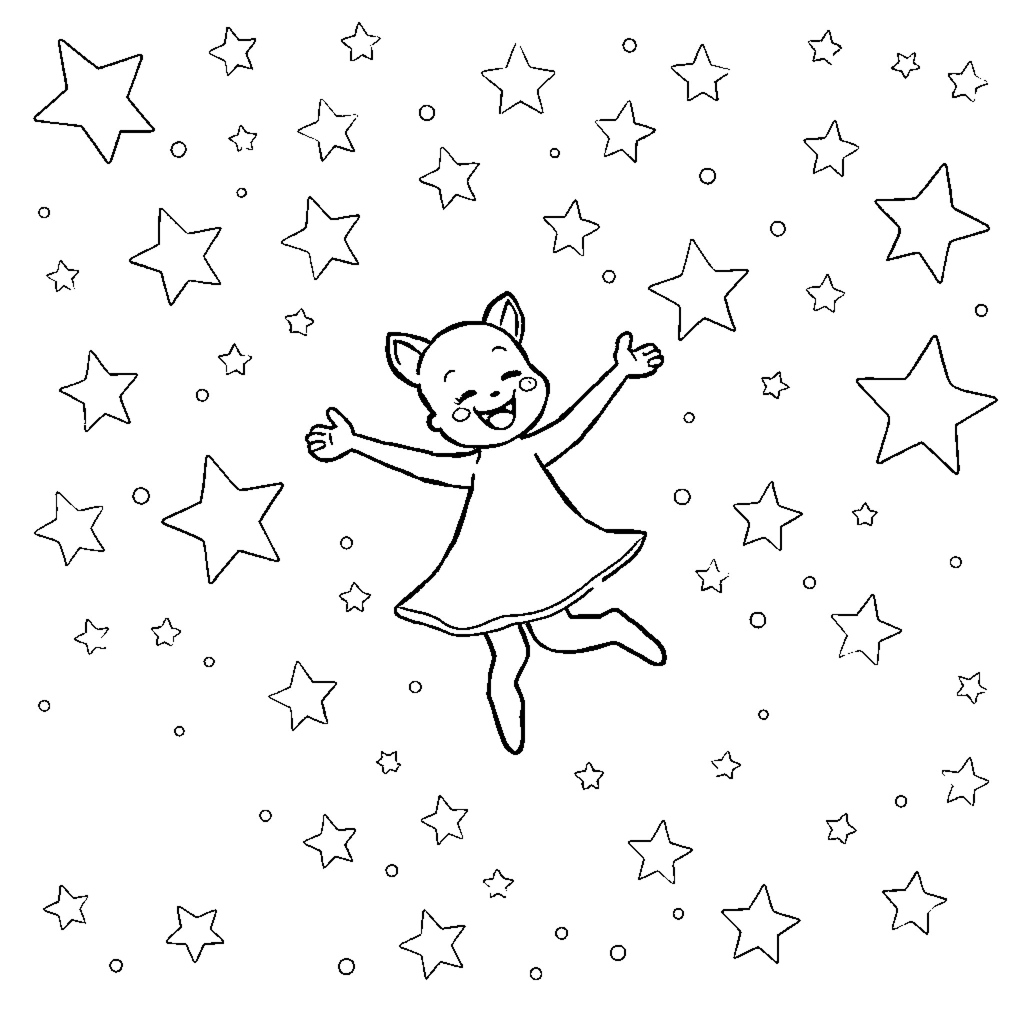 Bluey dancing playfully among the stars Coloring Page (free black-and-white line drawing printable PDF for all, from beginners to advanced learners, including children, teens, adults, and seniors)