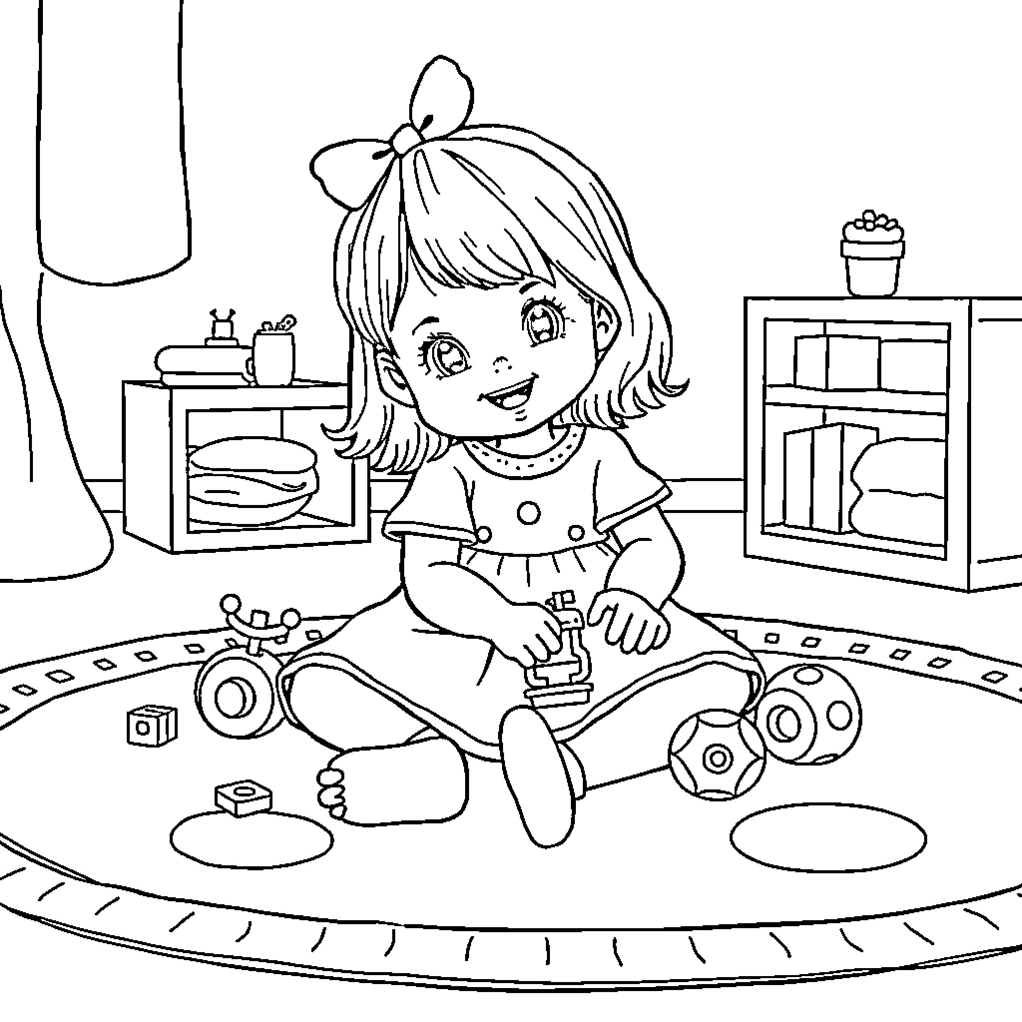 Girl playing with toys in her room Coloring Page (free black-and-white line drawing printable PDF for all, from beginners to advanced learners, including children, teens, adults, and seniors)