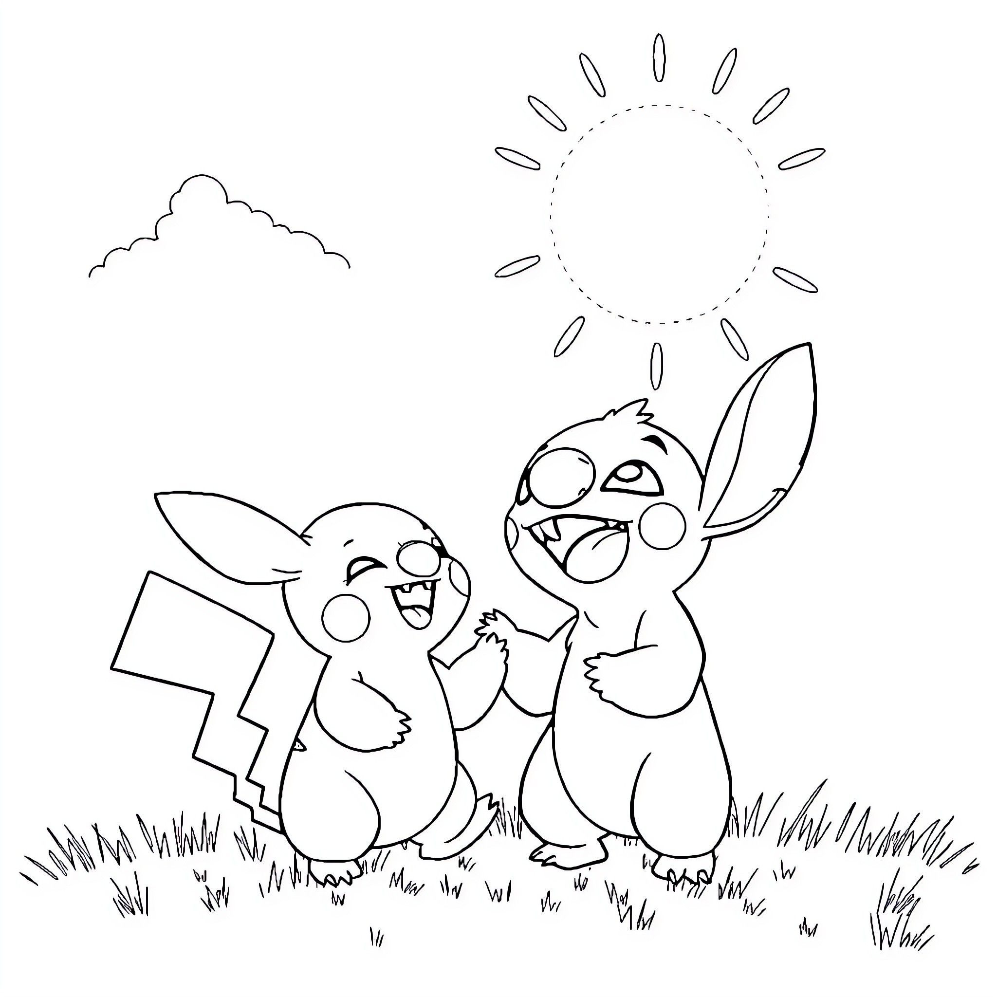 Pikachu and friends playing happily in the sun Coloring Page (free black-and-white line drawing printable PDF for all, from beginners to advanced learners, including children, teens, adults, and seniors)