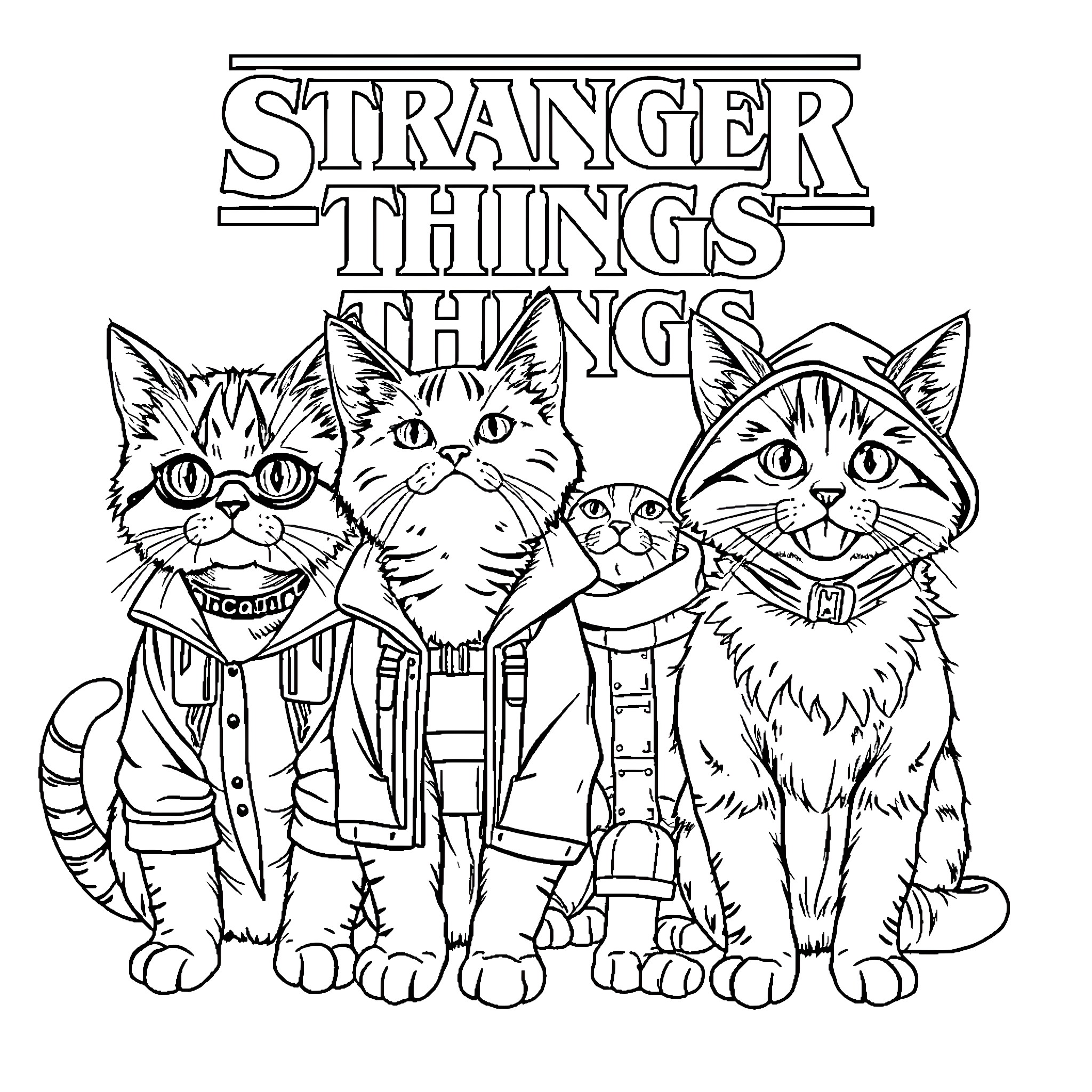 Cat characters in Stranger Things outfits Coloring Page (free black-and-white line drawing printable PDF for all, from beginners to advanced learners, including children, teens, adults, and seniors)