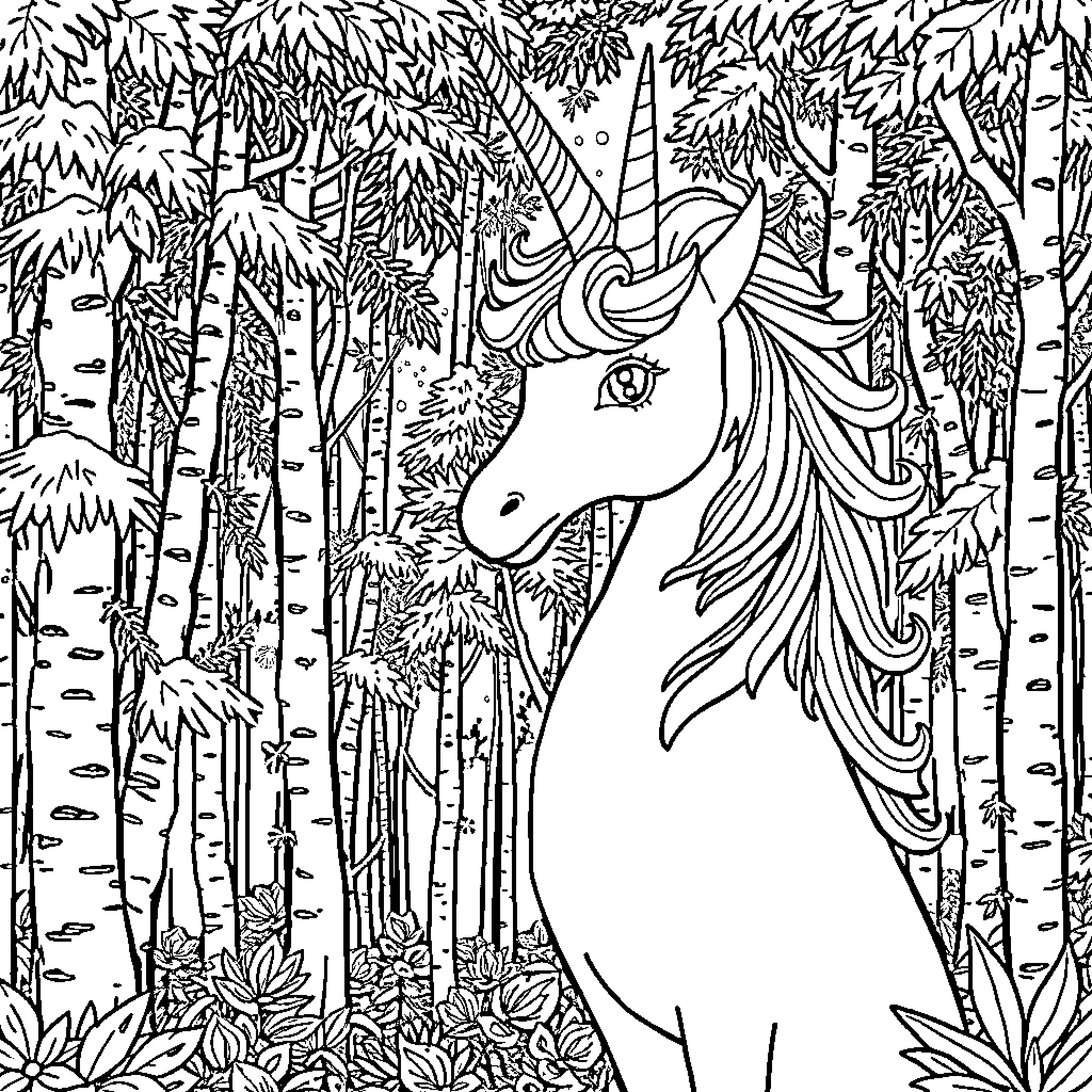 Unicorn in the enchanted forest Coloring Page (free black-and-white line drawing printable PDF for all, from beginners to advanced learners, including children, teens, adults, and seniors)