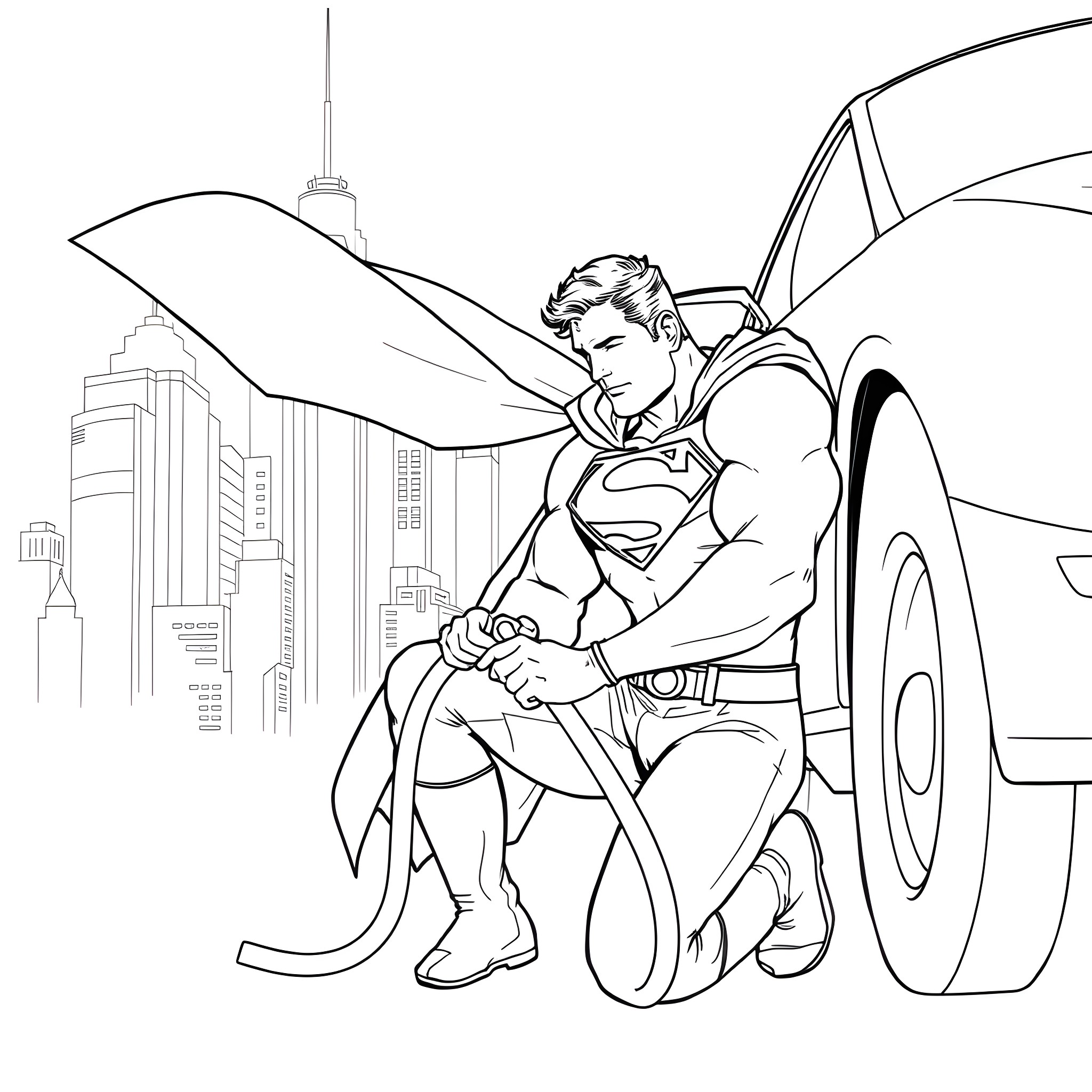 Superman in action pose on city street Coloring Page (free black-and-white line drawing printable PDF for all, from beginners to advanced learners, including children, teens, adults, and seniors)