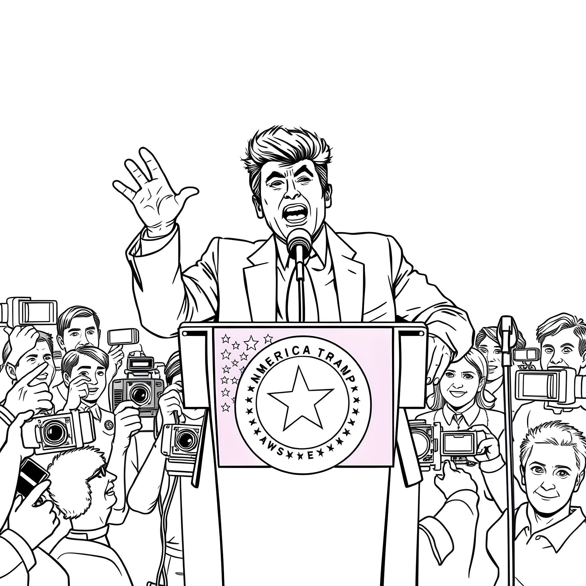 Trump Delivering Impassioned Speech at Rally Coloring Page (free black-and-white line drawing printable PDF for all, from beginners to advanced learners, including children, teens, adults, and seniors)
