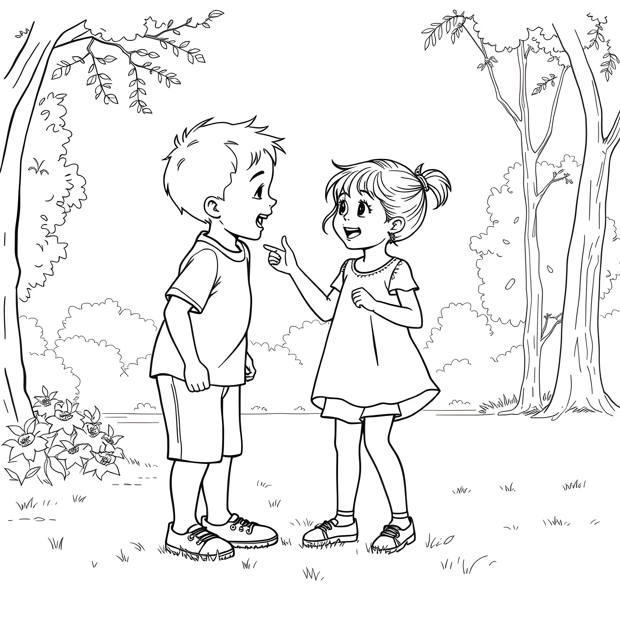 Boy and girl playing joyfully in the forest Coloring Page (free black-and-white line drawing printable PDF for all, from beginners to advanced learners, including children, teens, adults, and seniors)