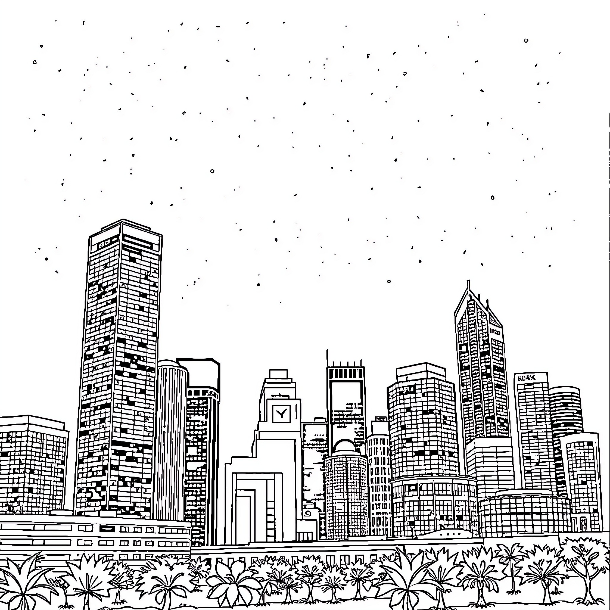 Houston's urban skyline and palm trees at night Coloring Page (free black-and-white line drawing printable PDF for all, from beginners to advanced learners, including children, teens, adults, and seniors)