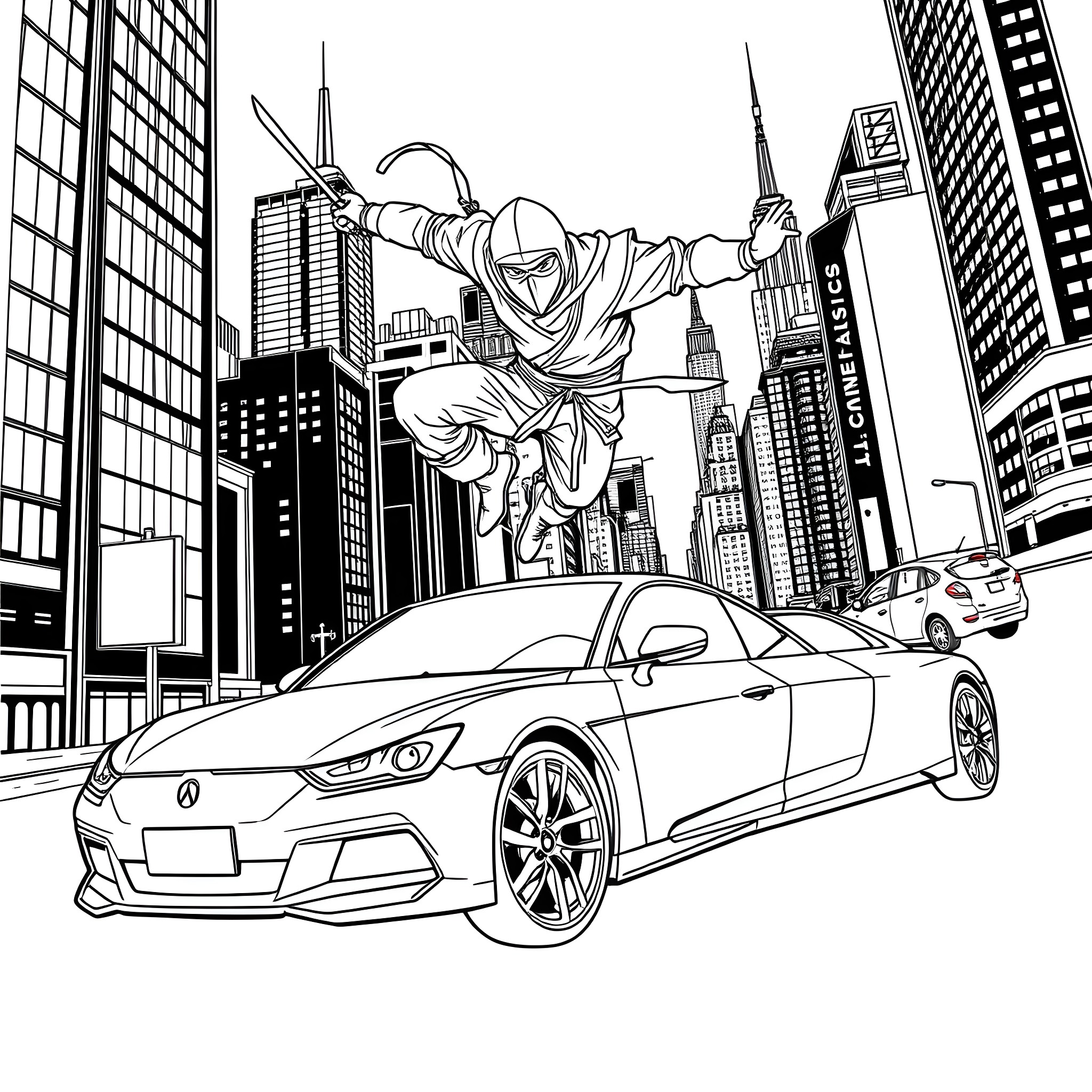 Ninja warrior leaping across city skyline Coloring Page (free black-and-white line drawing printable PDF for all, from beginners to advanced learners, including children, teens, adults, and seniors)