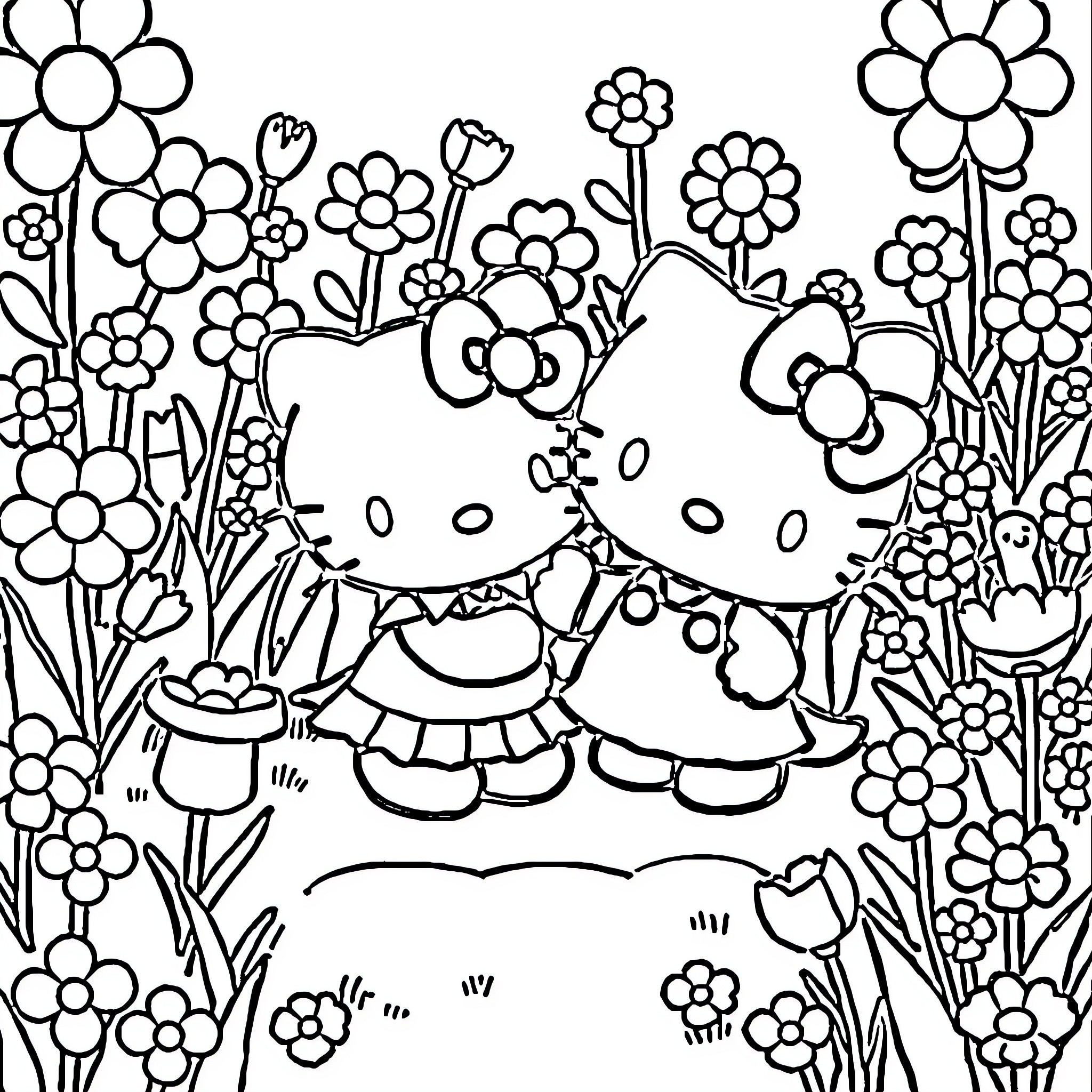 Hello Kitty playing amongst floral garden Coloring Page (free black-and-white line drawing printable PDF for all, from beginners to advanced learners, including children, teens, adults, and seniors)