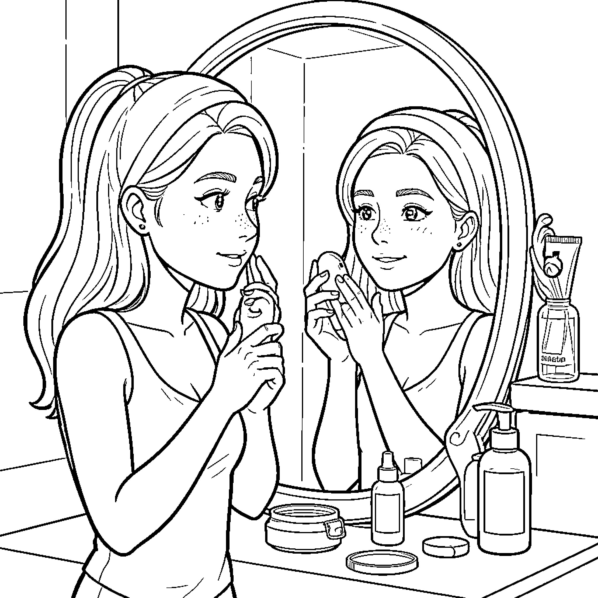 Girls applying makeup in the mirror Coloring Page (free black-and-white line drawing printable PDF for all, from beginners to advanced learners, including children, teens, adults, and seniors)