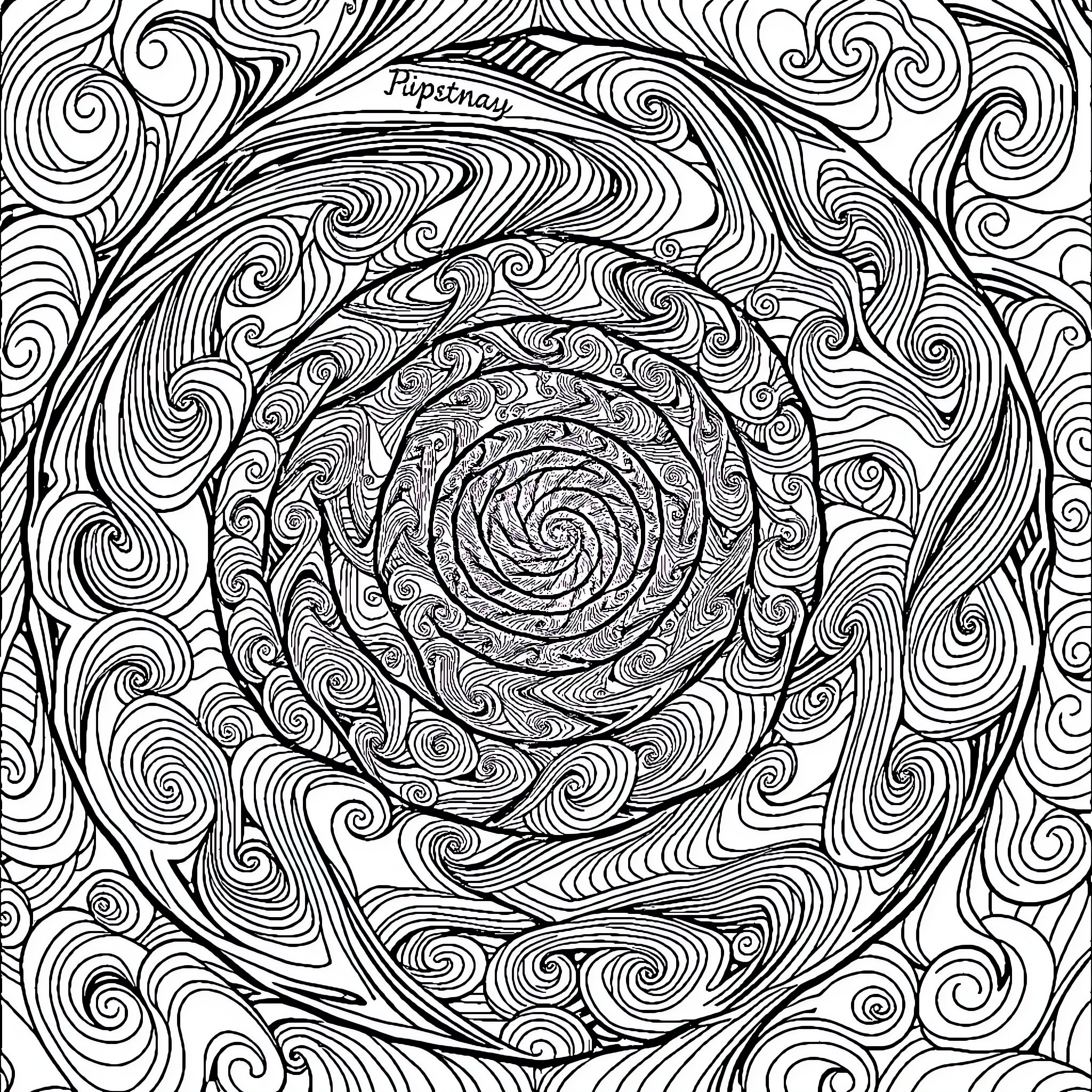 Fractal Spiral Swirls in Monochrome Artwork Coloring Page (free black-and-white line drawing printable PDF for all, from beginners to advanced learners, including children, teens, adults, and seniors)