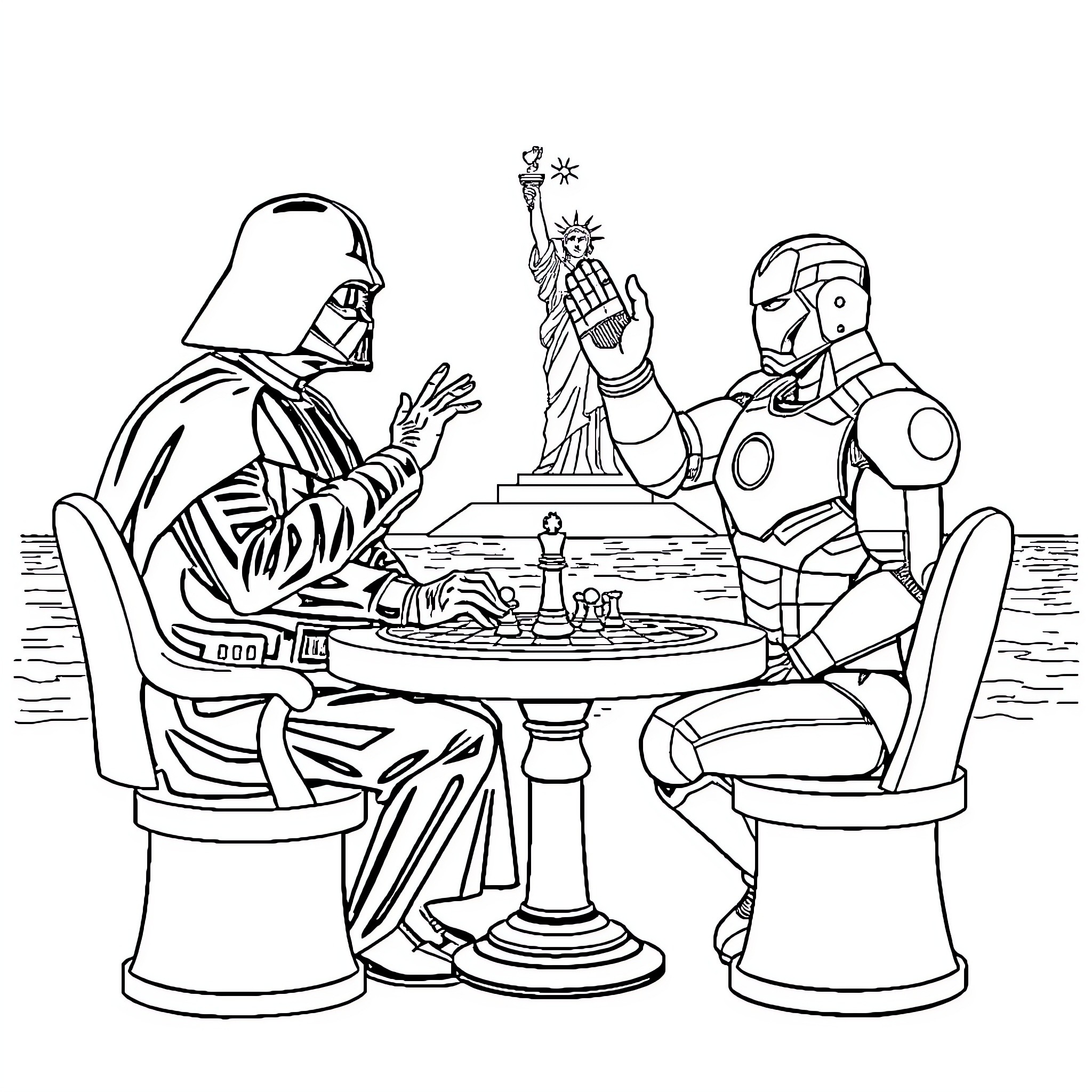 Vader challenges Iron Man to a game of chess Coloring Page (free black-and-white line drawing printable PDF for all, from beginners to advanced learners, including children, teens, adults, and seniors)