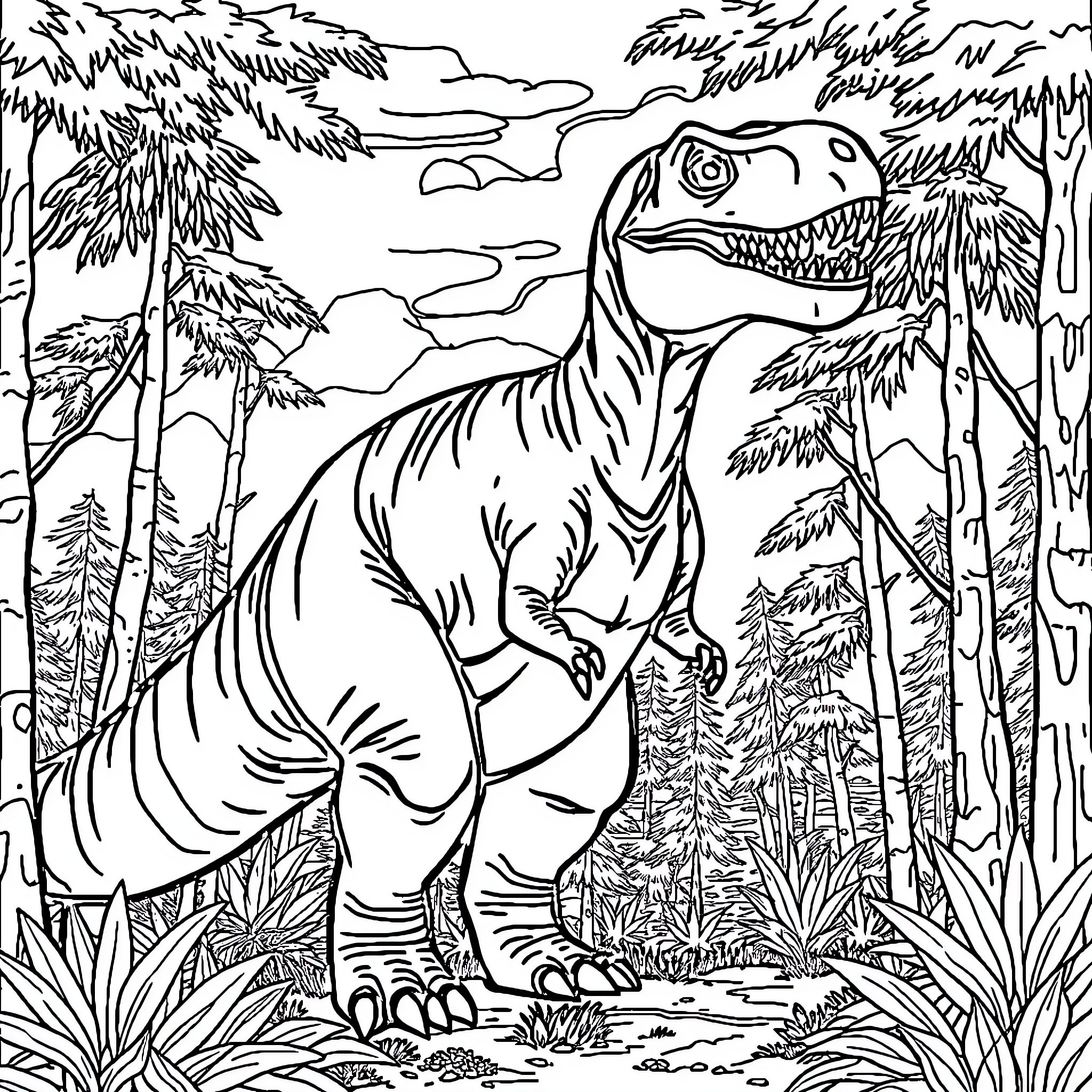 Dinosaur exploring the prehistoric landscape Coloring Page (free black-and-white line drawing printable PDF for all, from beginners to advanced learners, including children, teens, adults, and seniors)