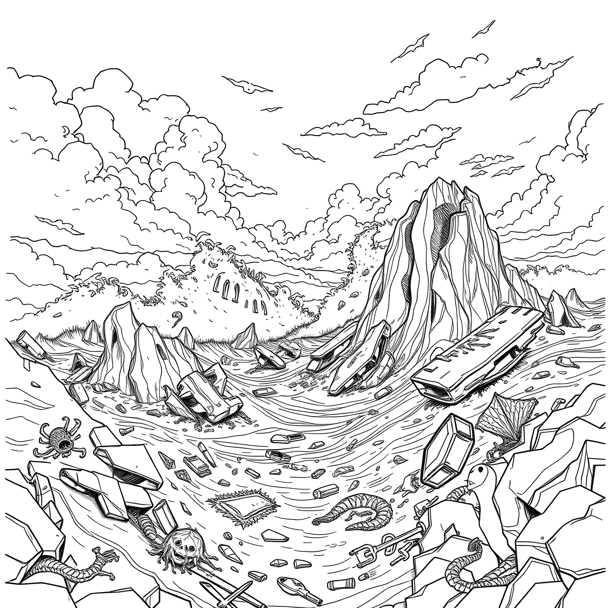 Ocean Landscape with Mountain Peaks and Cloudy Sky Coloring Page (free black-and-white line drawing printable PDF for all, from beginners to advanced learners, including children, teens, adults, and seniors)