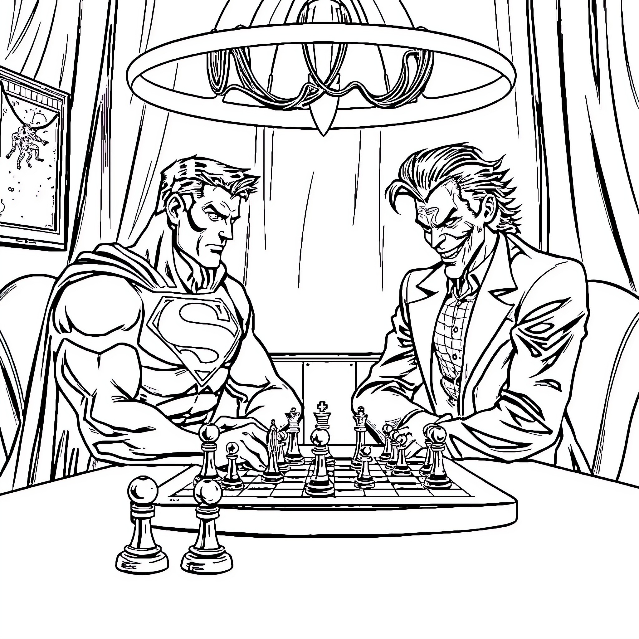 Superman and Joker playing chess in a fancy room Coloring Page (free black-and-white line drawing printable PDF for all, from beginners to advanced learners, including children, teens, adults, and seniors)
