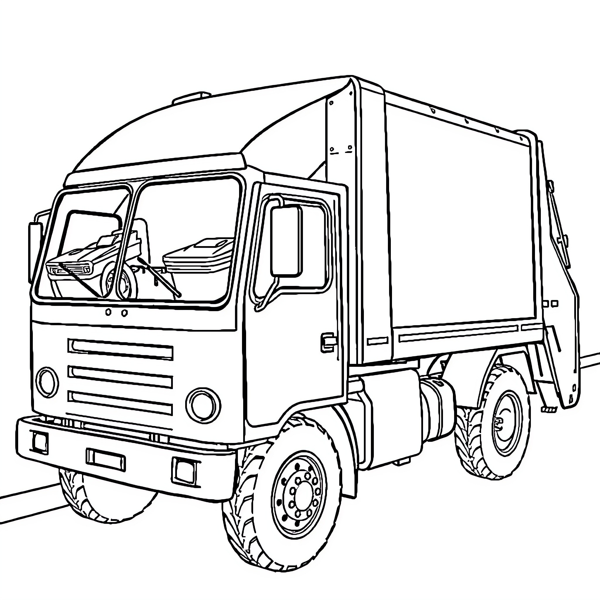 Garbage Truck Transporting Waste on the Road Coloring Page (free black-and-white line drawing printable PDF for all, from beginners to advanced learners, including children, teens, adults, and seniors)