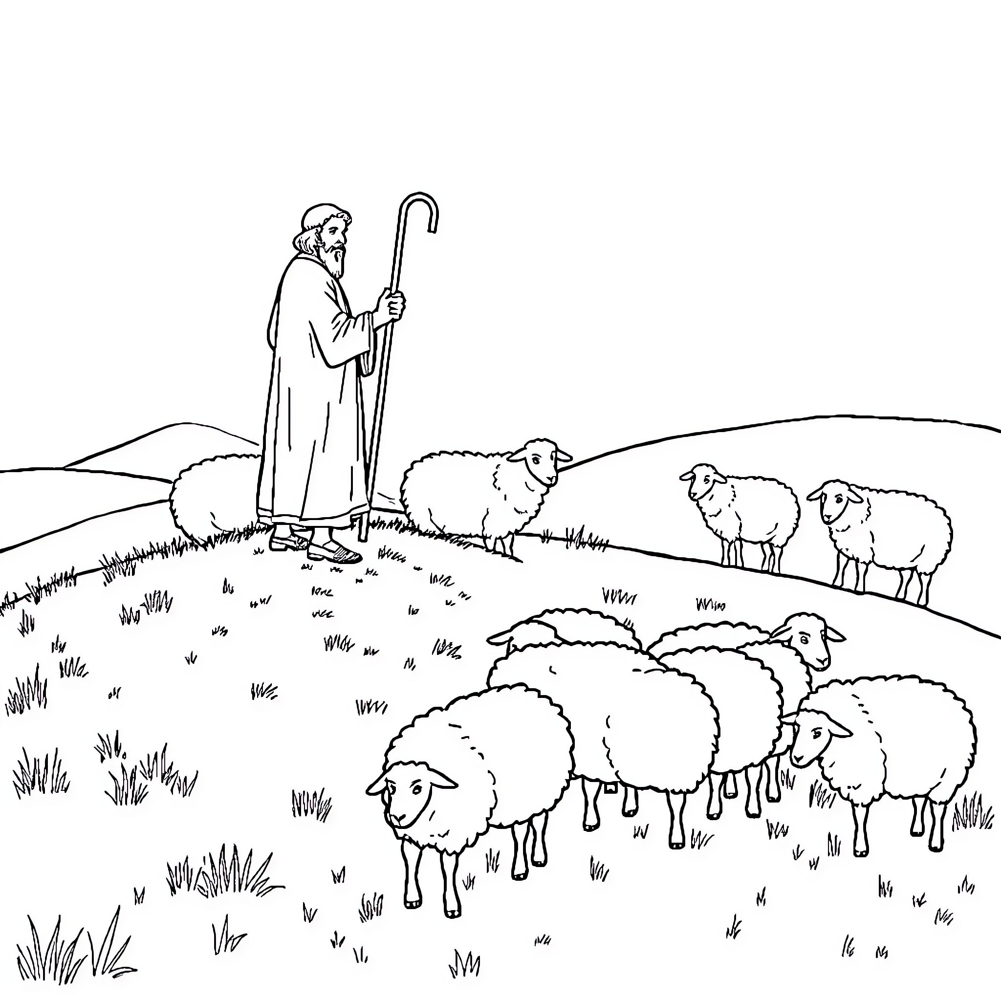 Shepherd tending to a flock of sheep in the countryside Coloring Page (free black-and-white line drawing printable PDF for all, from beginners to advanced learners, including children, teens, adults, and seniors)