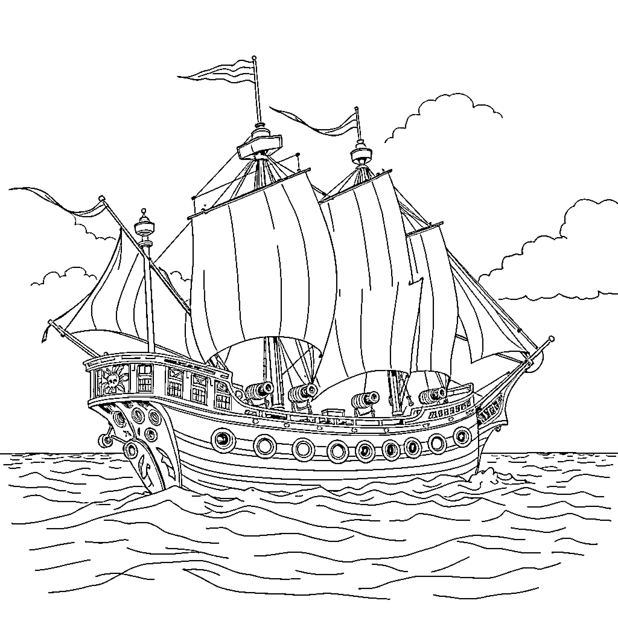 Pirate Ship Sailing the High Seas Coloring Page (free black-and-white line drawing printable PDF for all, from beginners to advanced learners, including children, teens, adults, and seniors)