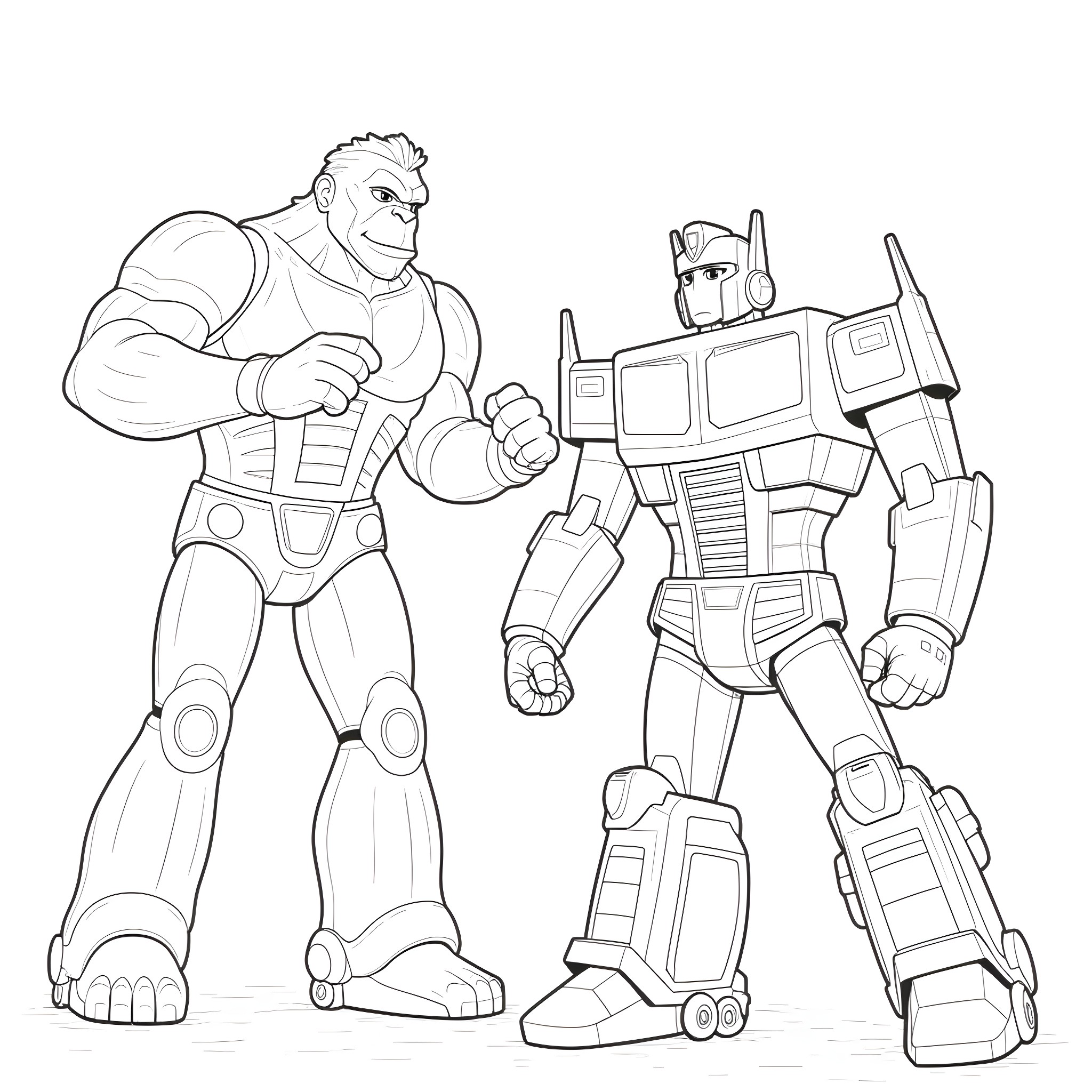 Optimus Prime and Autobot Comrade in Battle Stance Coloring Page (free black-and-white line drawing printable PDF for all, from beginners to advanced learners, including children, teens, adults, and seniors)