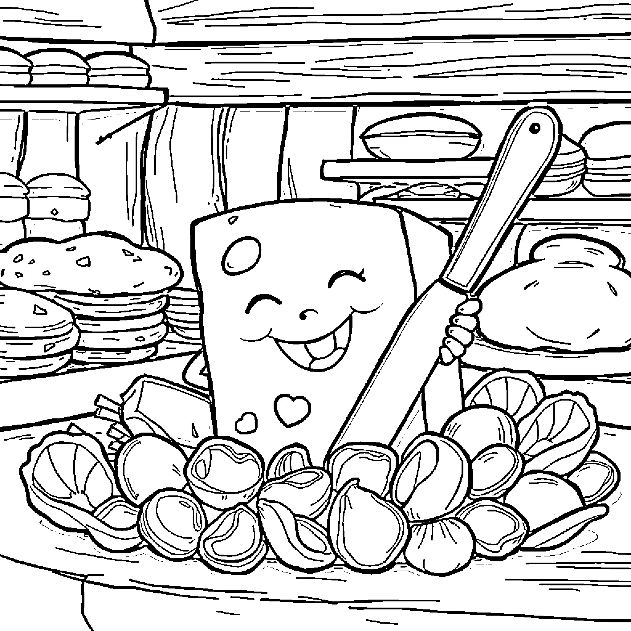 Cheese-Themed Kitchen Scene with Smiling Utensils Coloring Page (free black-and-white line drawing printable PDF for all, from beginners to advanced learners, including children, teens, adults, and seniors)