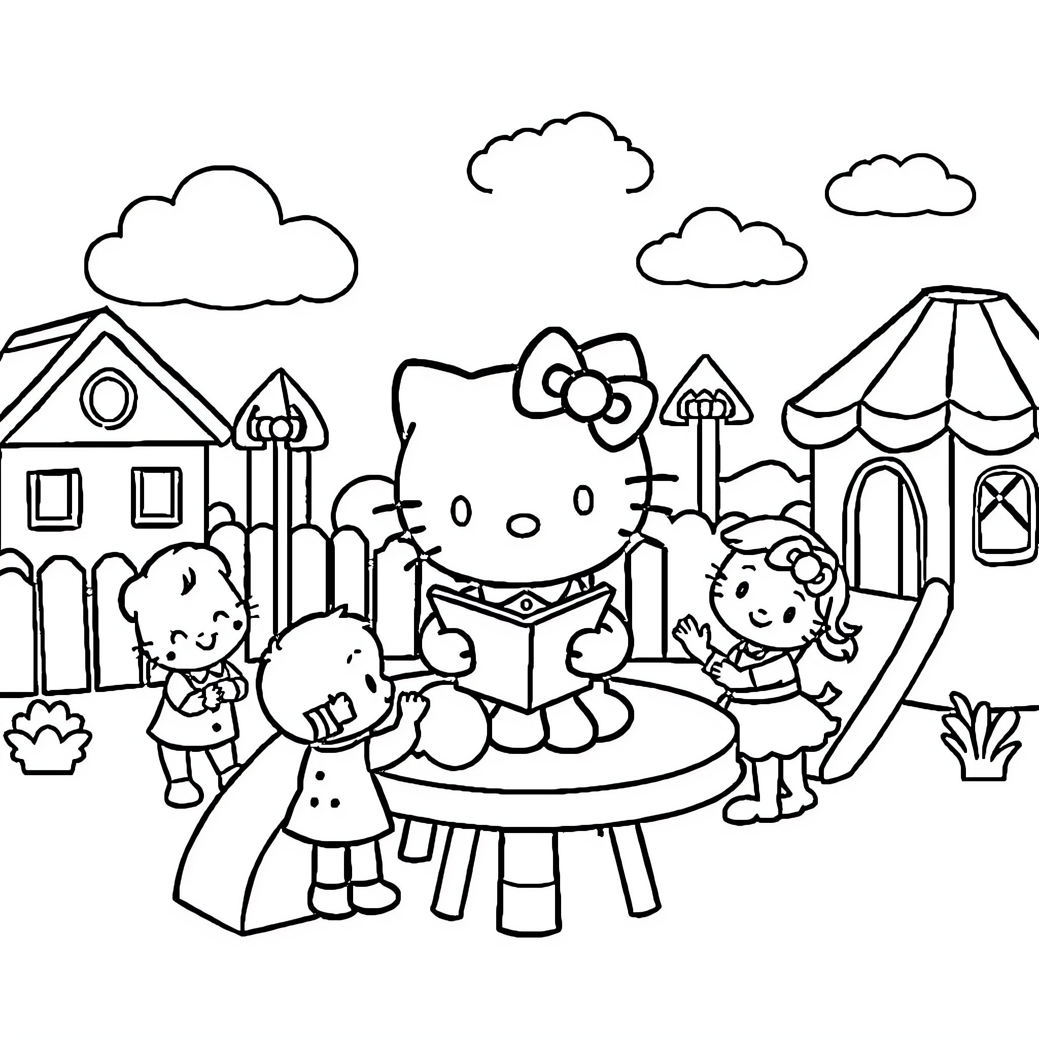 Hello Kitty enjoys outdoor activities with friends Coloring Page (free black-and-white line drawing printable PDF for all, from beginners to advanced learners, including children, teens, adults, and seniors)