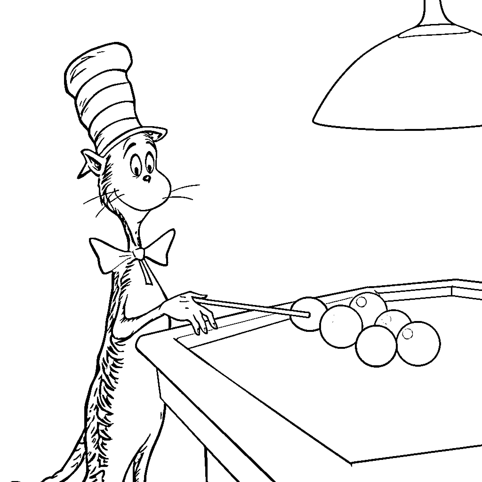 Cat in the Hat plays pool in room with lamp Coloring Page (free black-and-white line drawing printable PDF for all, from beginners to advanced learners, including children, teens, adults, and seniors)