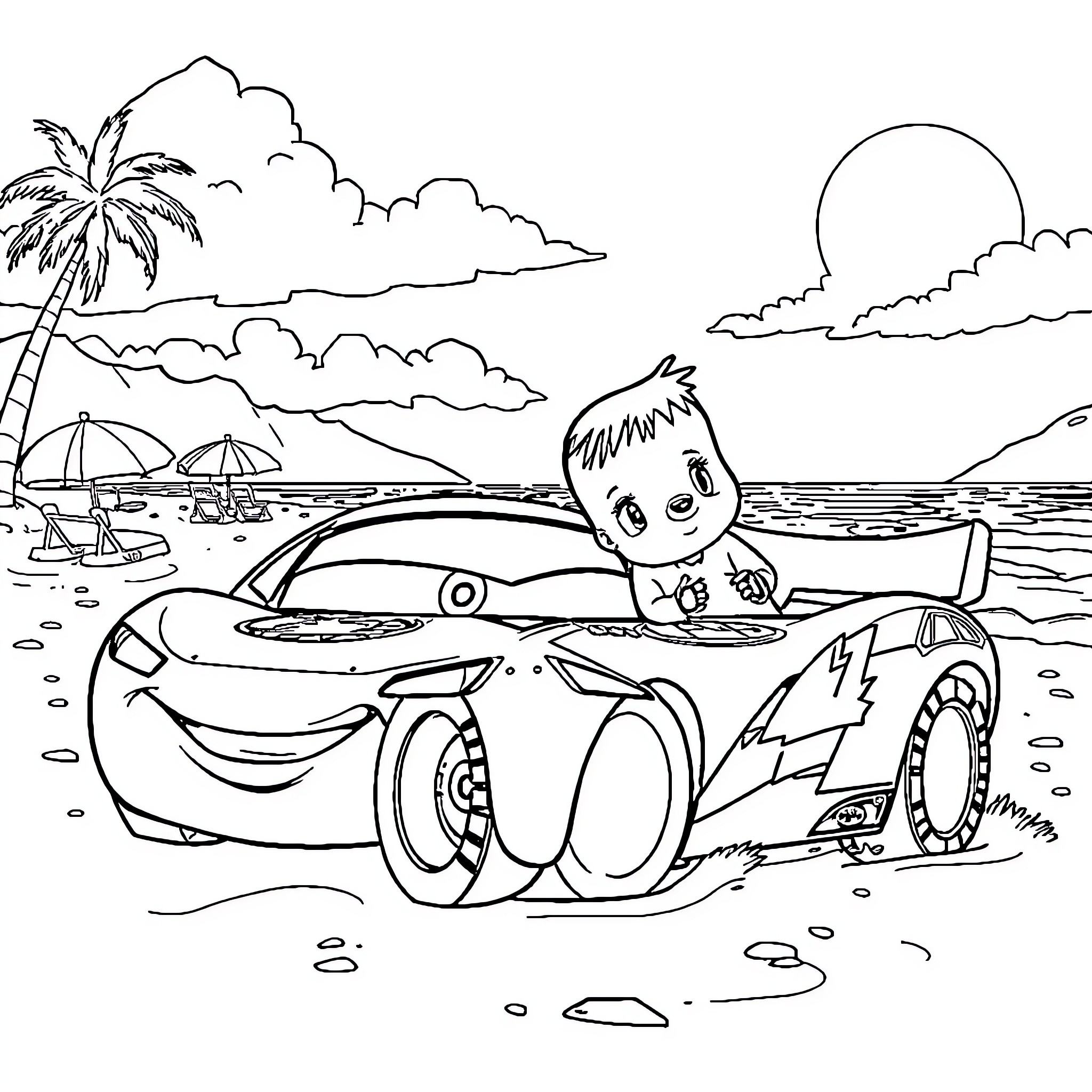 Flash Mac: Cartoon Car at the Beach Coloring Page (free black-and-white line drawing printable PDF for all, from beginners to advanced learners, including children, teens, adults, and seniors)