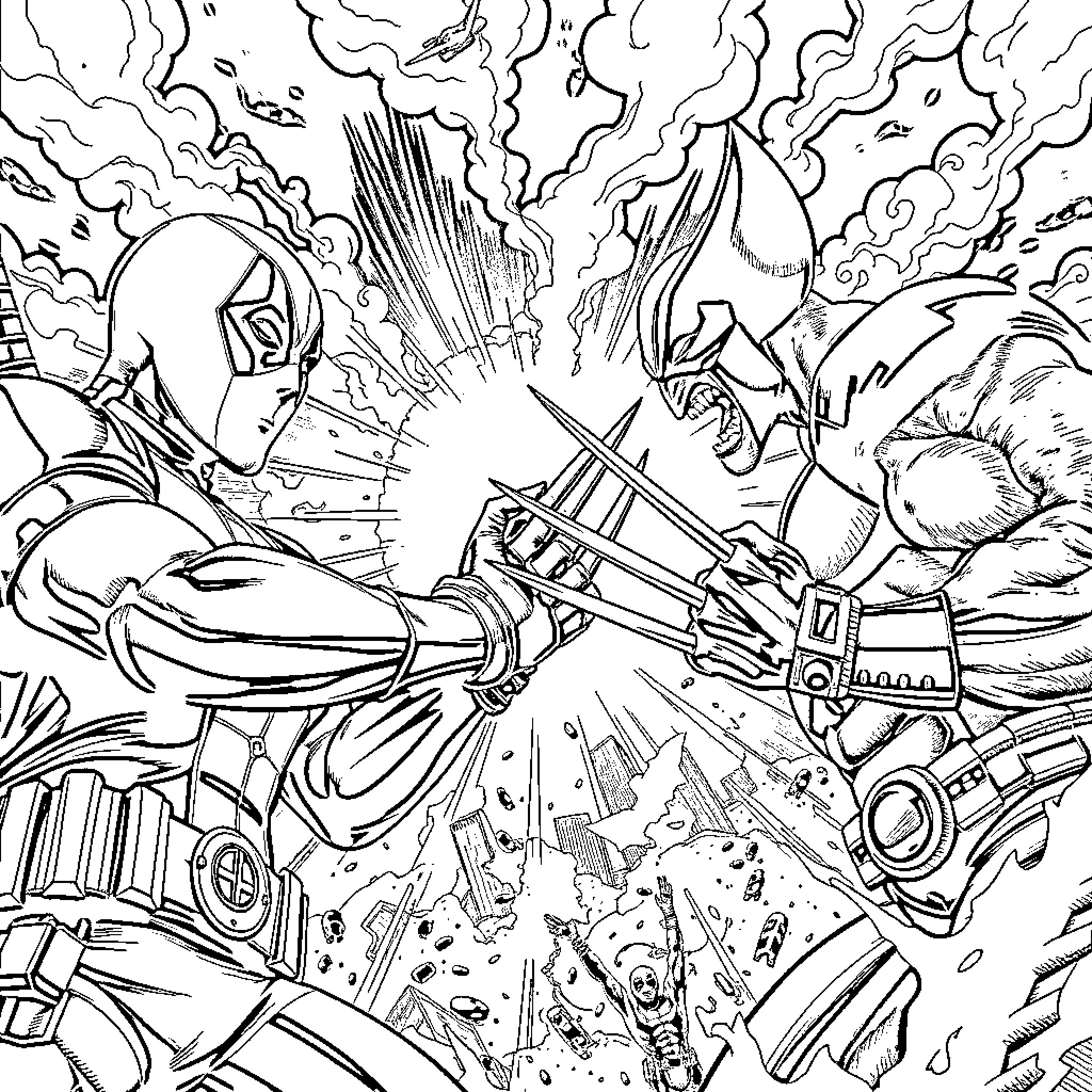 Deadpool's explosive combat in high-intensity battle Coloring Page (free black-and-white line drawing printable PDF for all, from beginners to advanced learners, including children, teens, adults, and seniors)