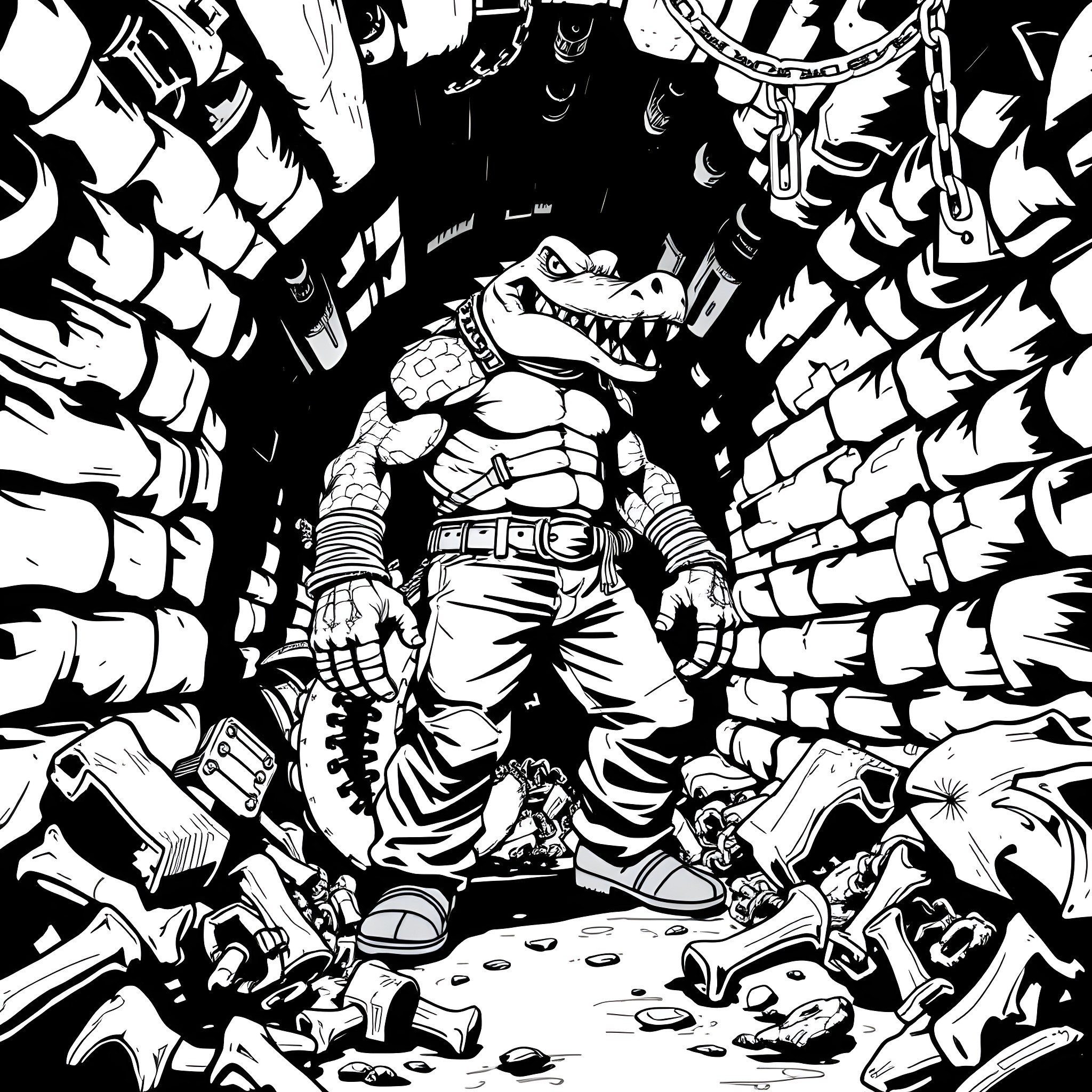 Killer Croc rampaging through the city Coloring Page (free black-and-white line drawing printable PDF for all, from beginners to advanced learners, including children, teens, adults, and seniors)