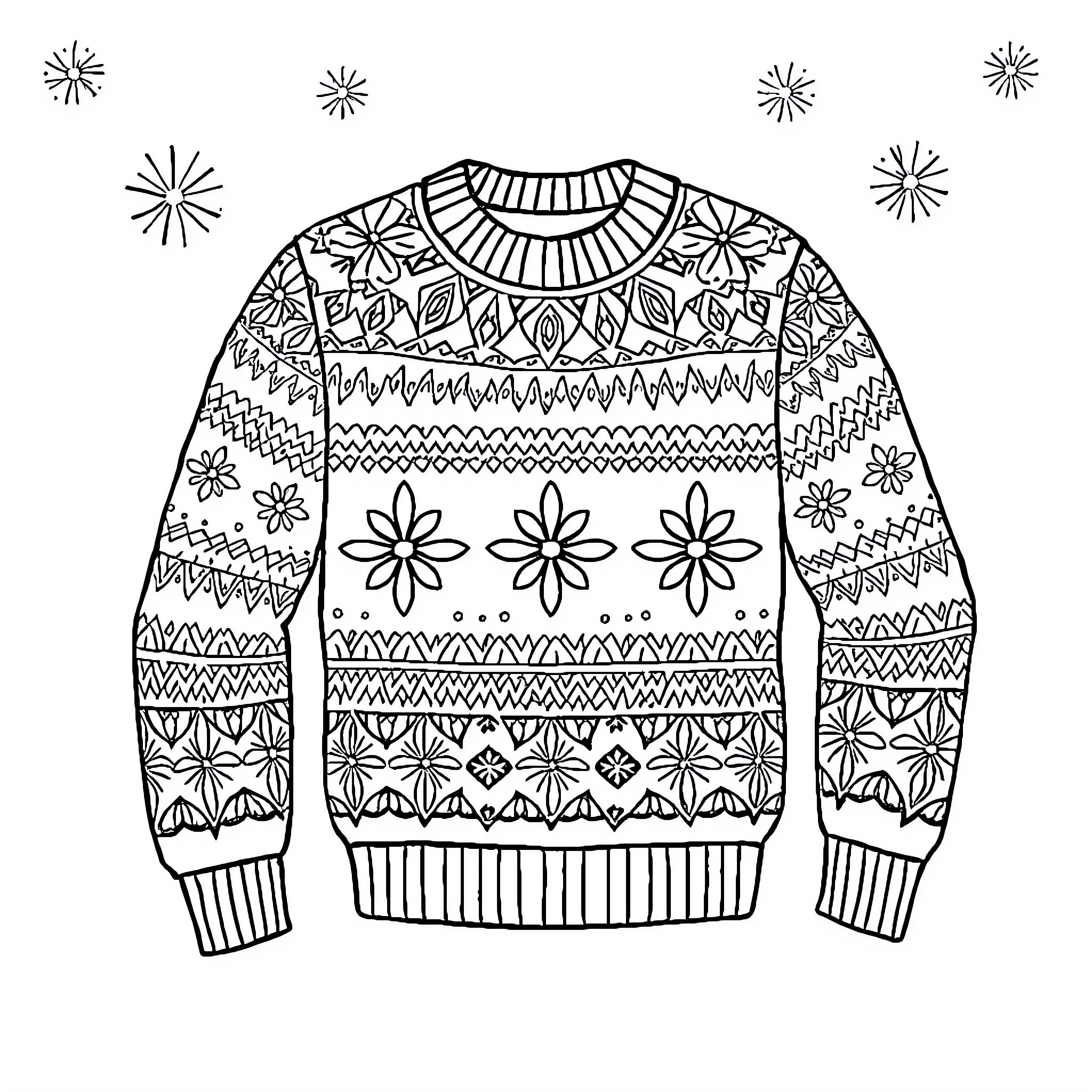 Guernsey sweater design with floral and geometric patterns Coloring Page (free black-and-white line drawing printable PDF for all, from beginners to advanced learners, including children, teens, adults, and seniors)
