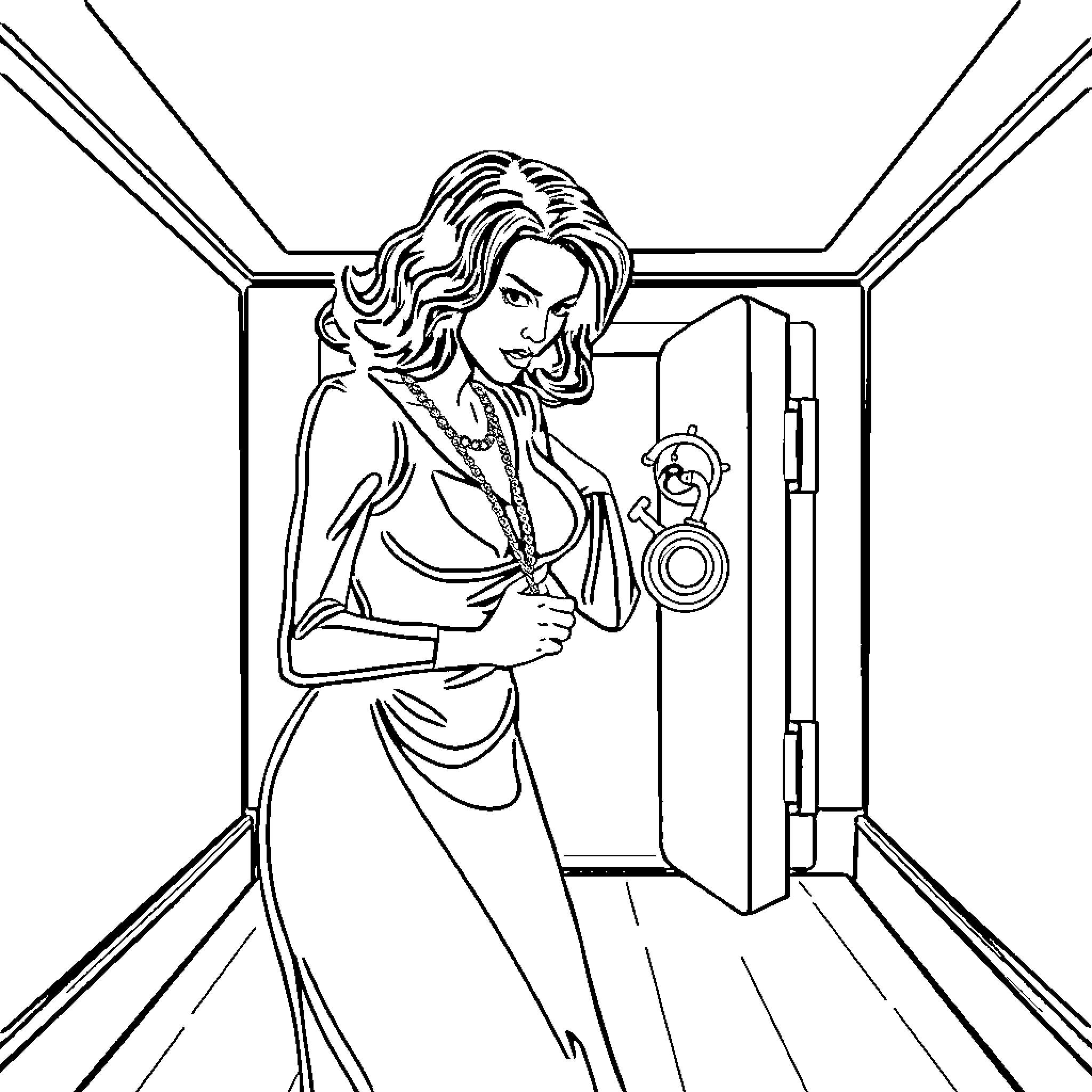 Woman posing in front of a mirror Coloring Page (free black-and-white line drawing printable PDF for all, from beginners to advanced learners, including children, teens, adults, and seniors)