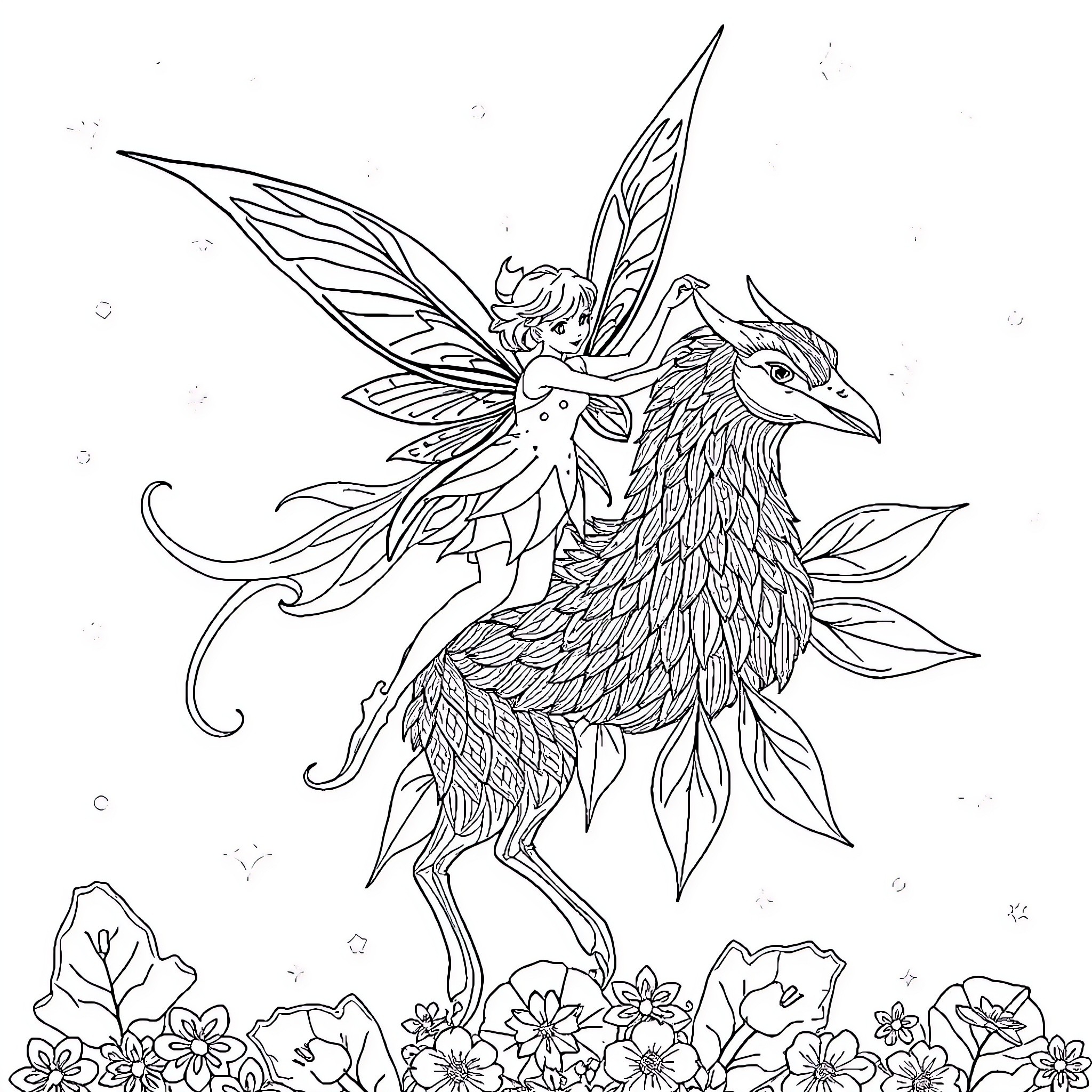 Fairy sitting on fantastical bird with intricate feathers Coloring Page (free black-and-white line drawing printable PDF for all, from beginners to advanced learners, including children, teens, adults, and seniors)