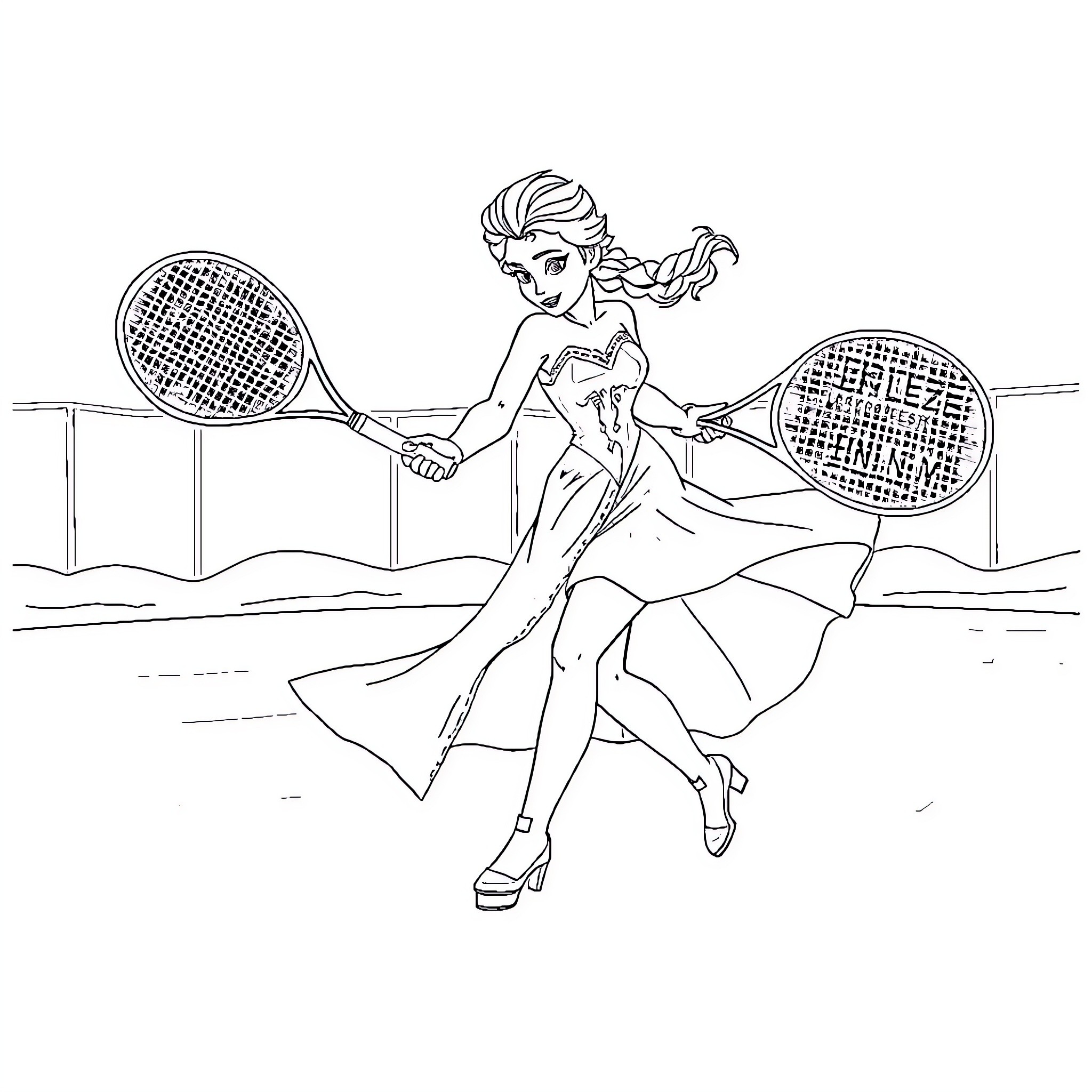 Elsa playing tennis with passion and flair Coloring Page (free black-and-white line drawing printable PDF for all, from beginners to advanced learners, including children, teens, adults, and seniors)