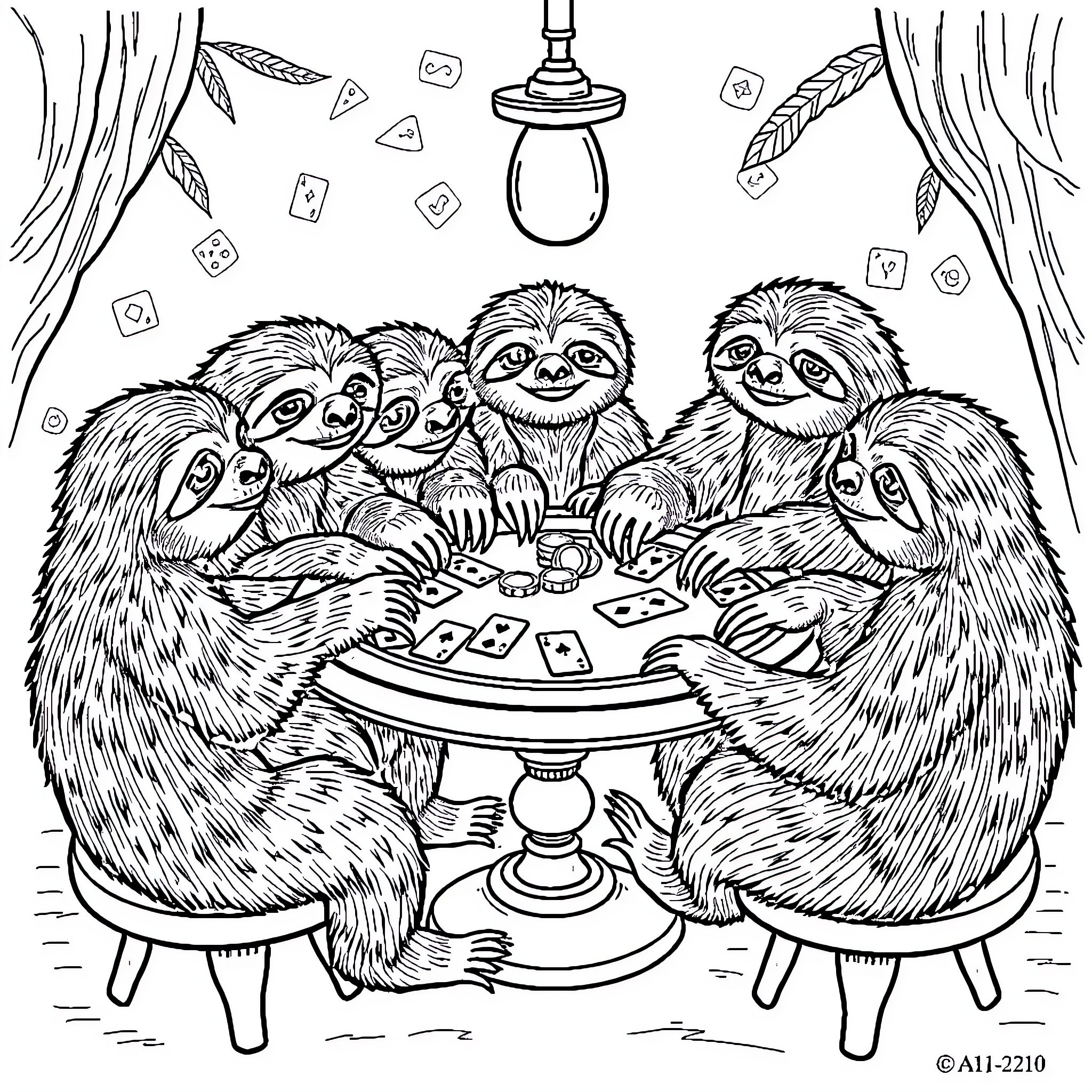 Sloth card game party with friends Coloring Page (free black-and-white line drawing printable PDF for all, from beginners to advanced learners, including children, teens, adults, and seniors)